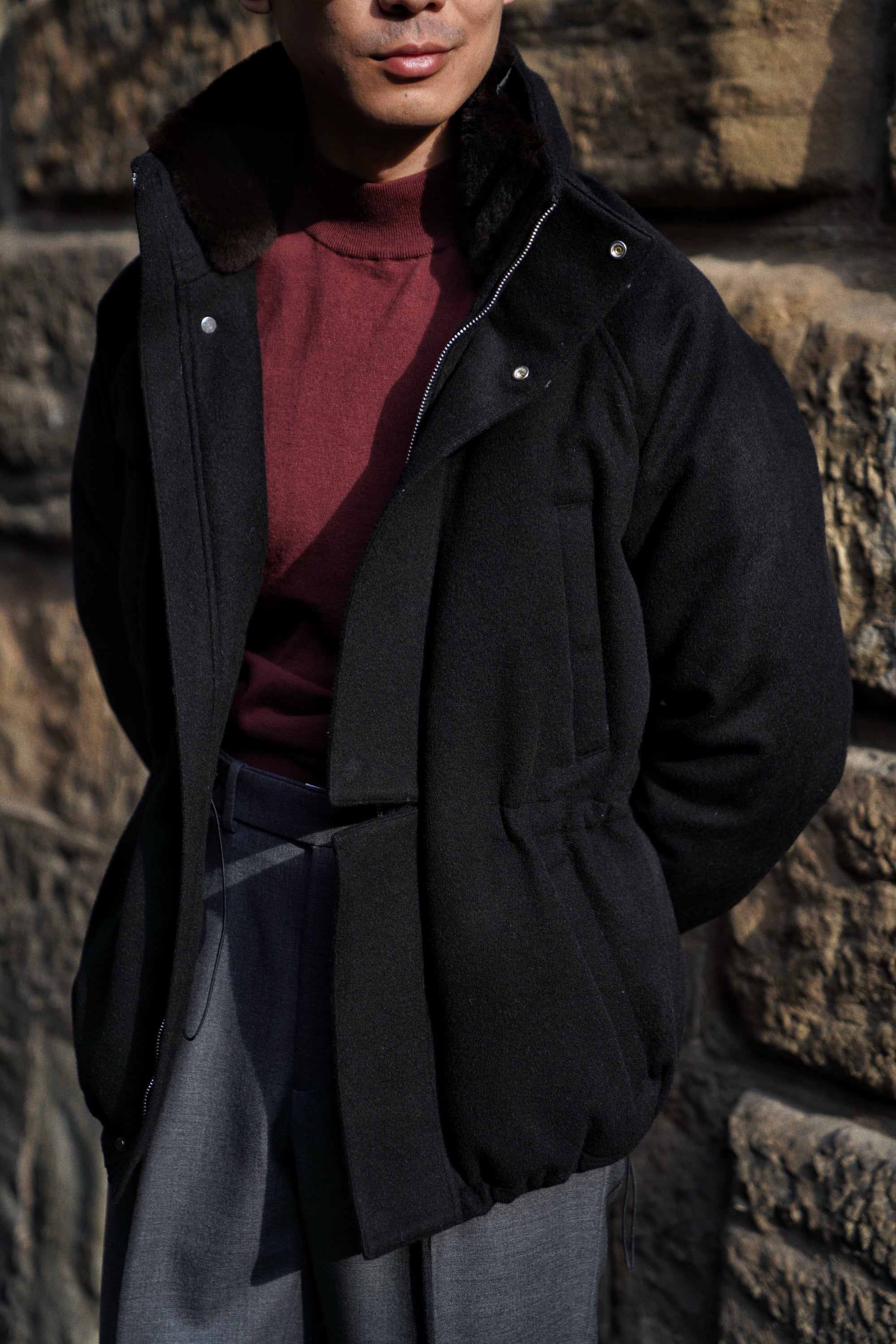 Black Wool Cashmere Down Ski Jacket #165
