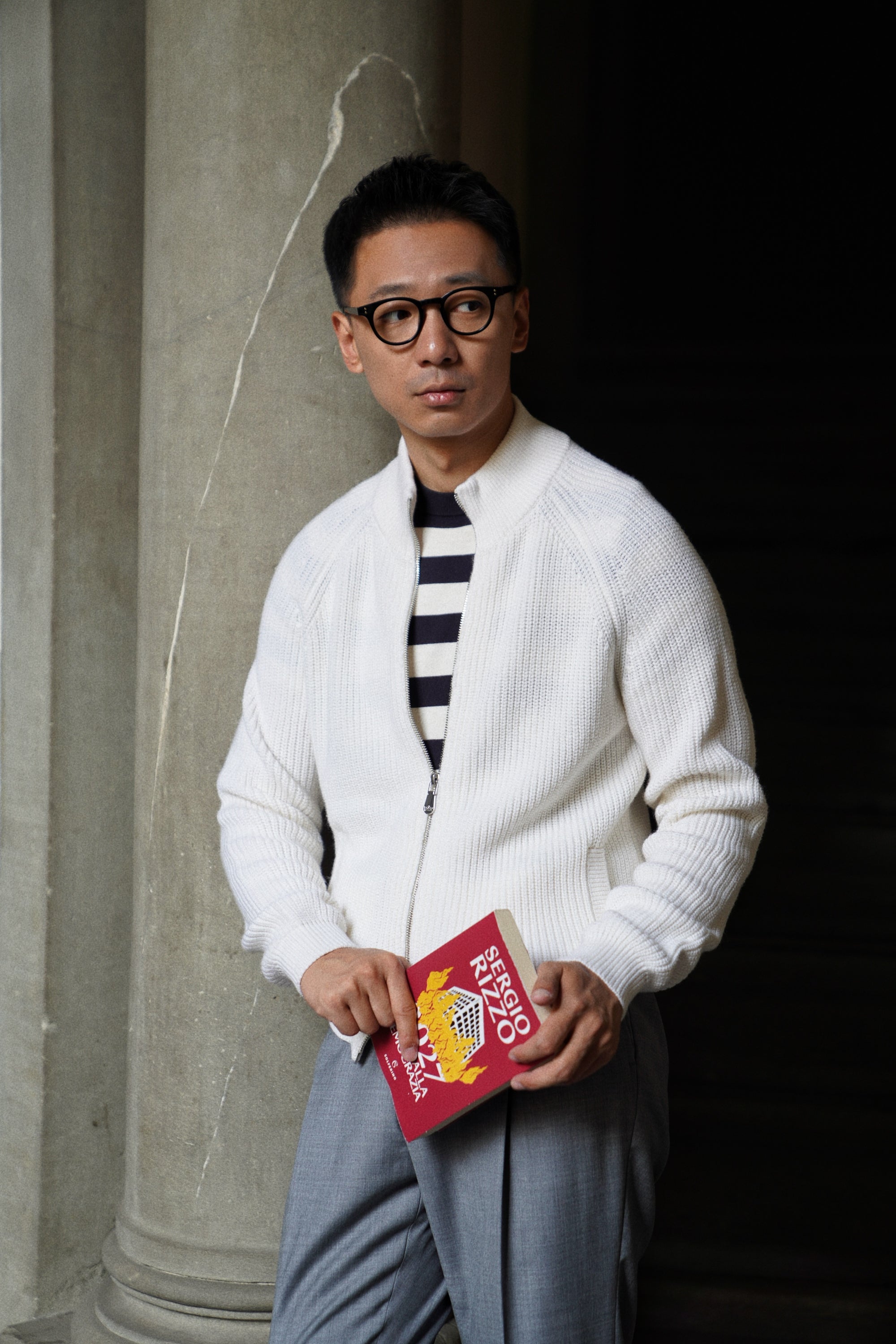 White Knitted Zip Cardigan
