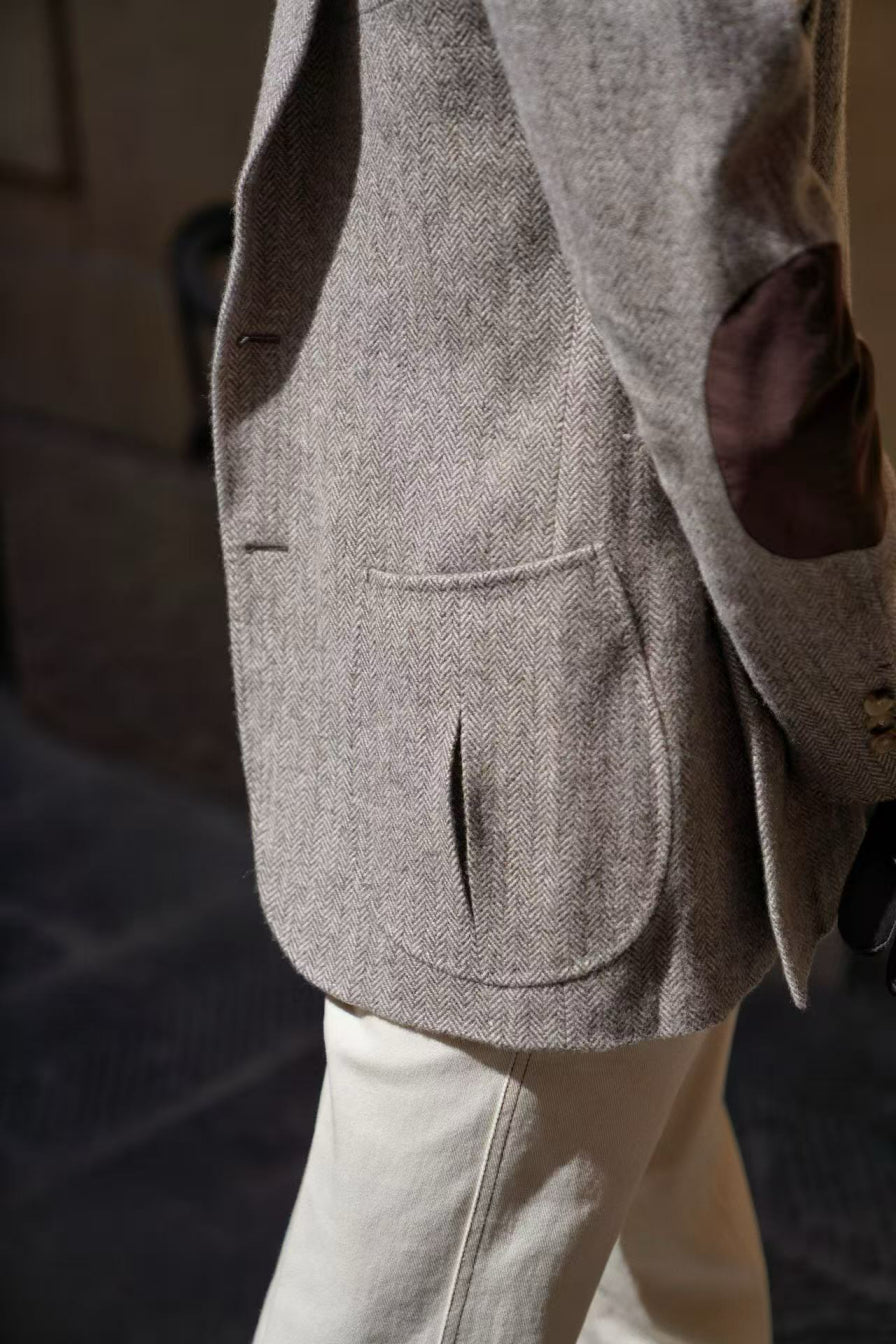 MTO Neutral Herringbone Linen Wool Tweed Jacket #487