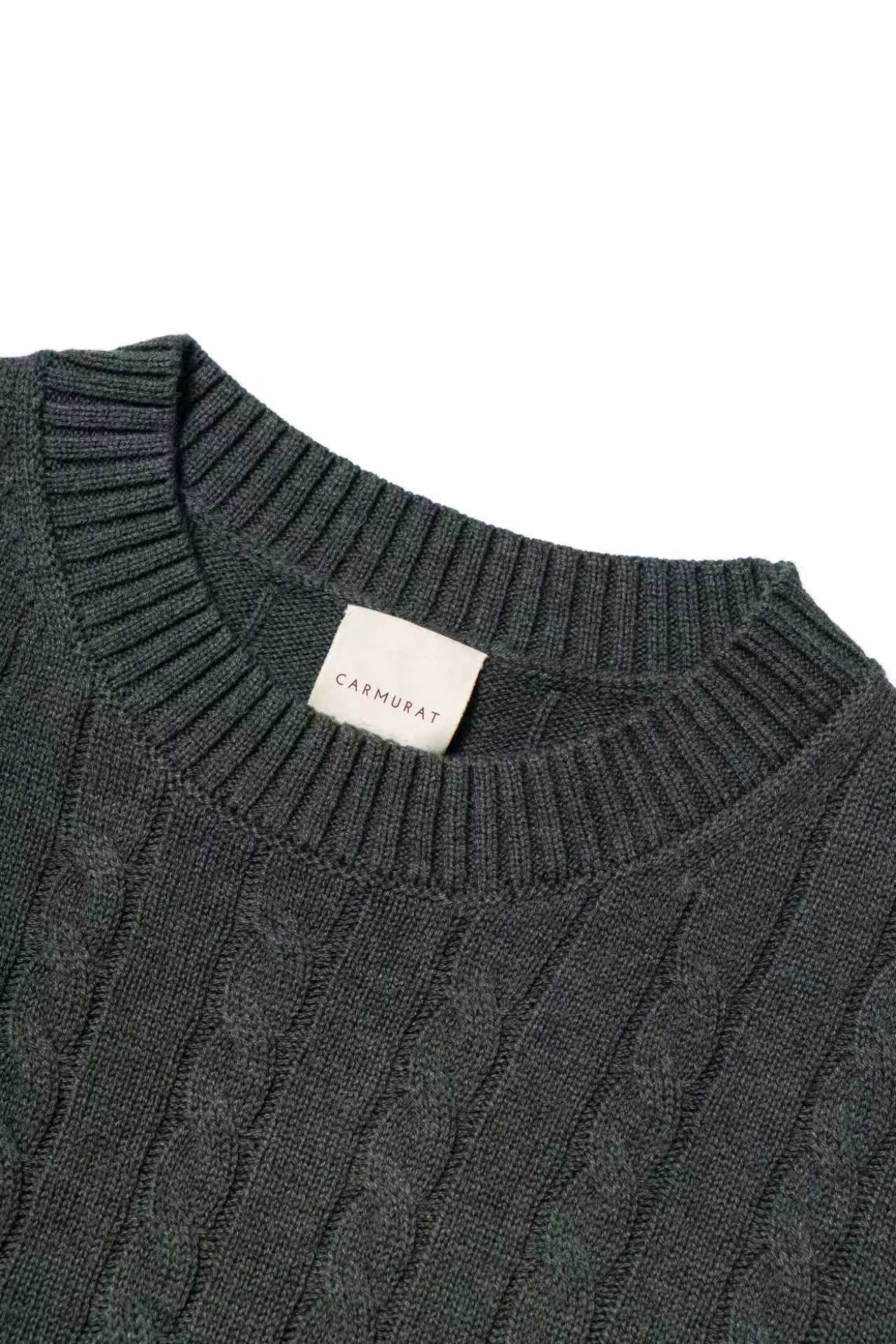 Forest / Taupe Crew Neck Cable Knit Jumper
