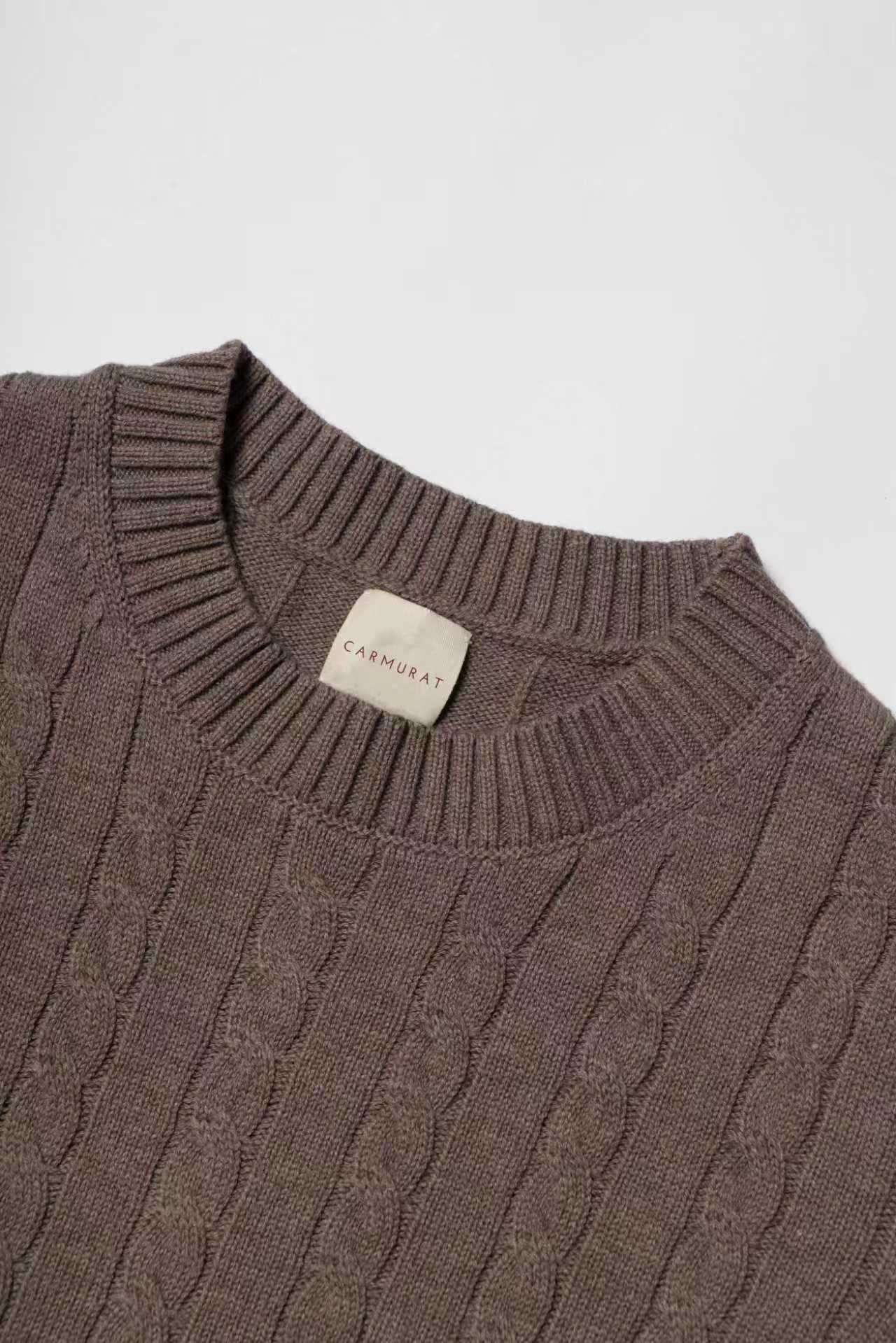 Forest / Taupe Crew Neck Cable Knit Jumper
