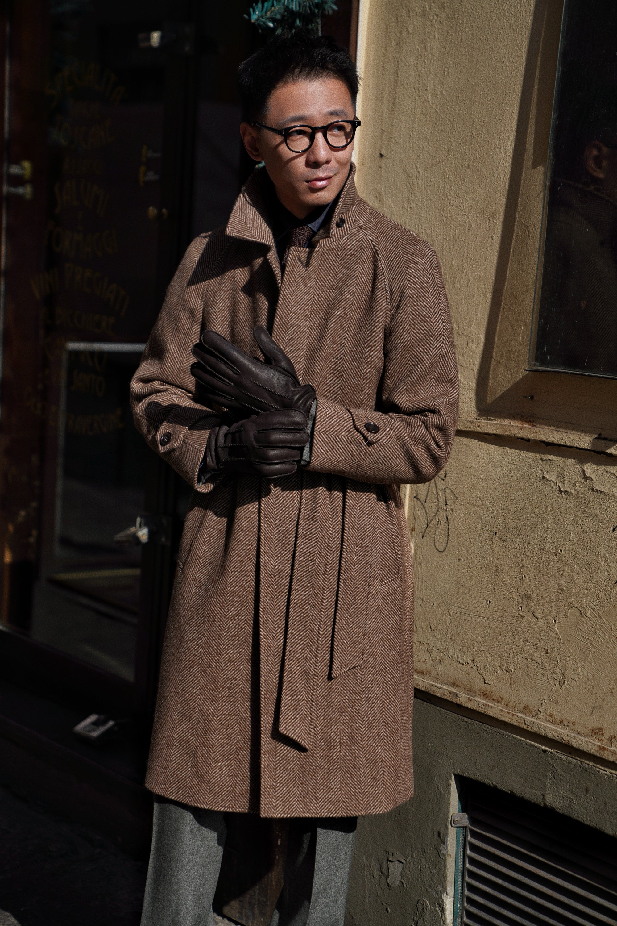 MTO Brown Herringbone Wool Balmacaan Coat #605