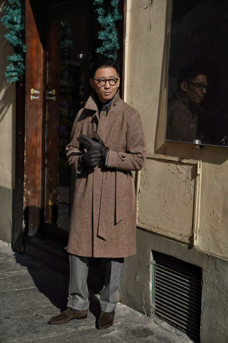 MTO Brown Herringbone Wool Balmacaan Coat #605