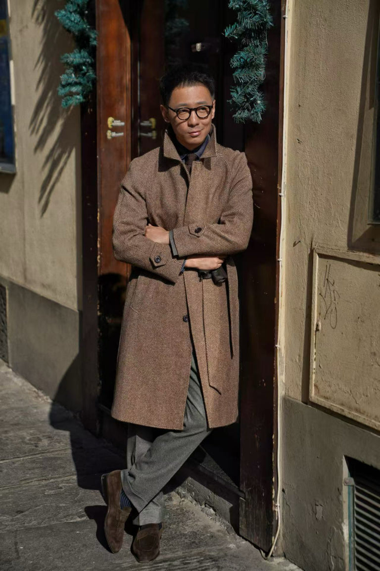 MTO Brown Herringbone Wool Balmacaan Coat #605