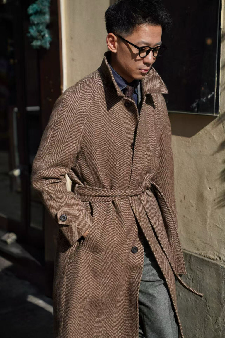 MTO Brown Herringbone Wool Balmacaan Coat #605