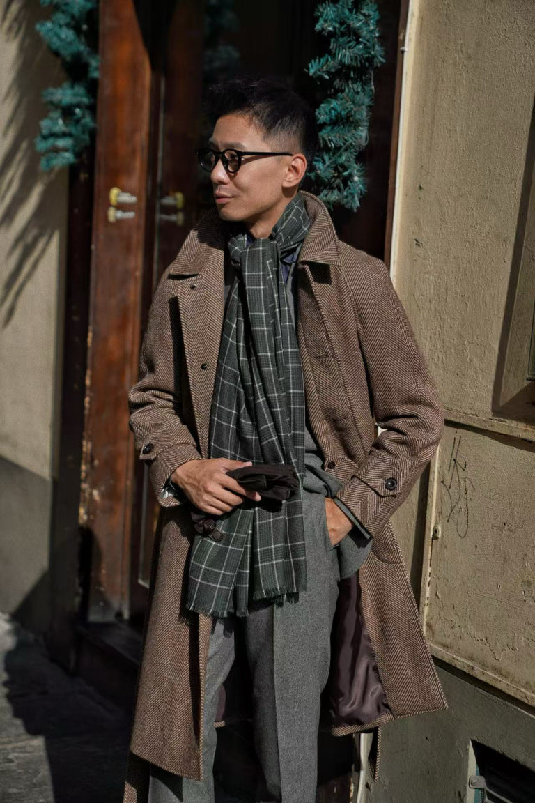 MTO Brown Herringbone Wool Balmacaan Coat #605