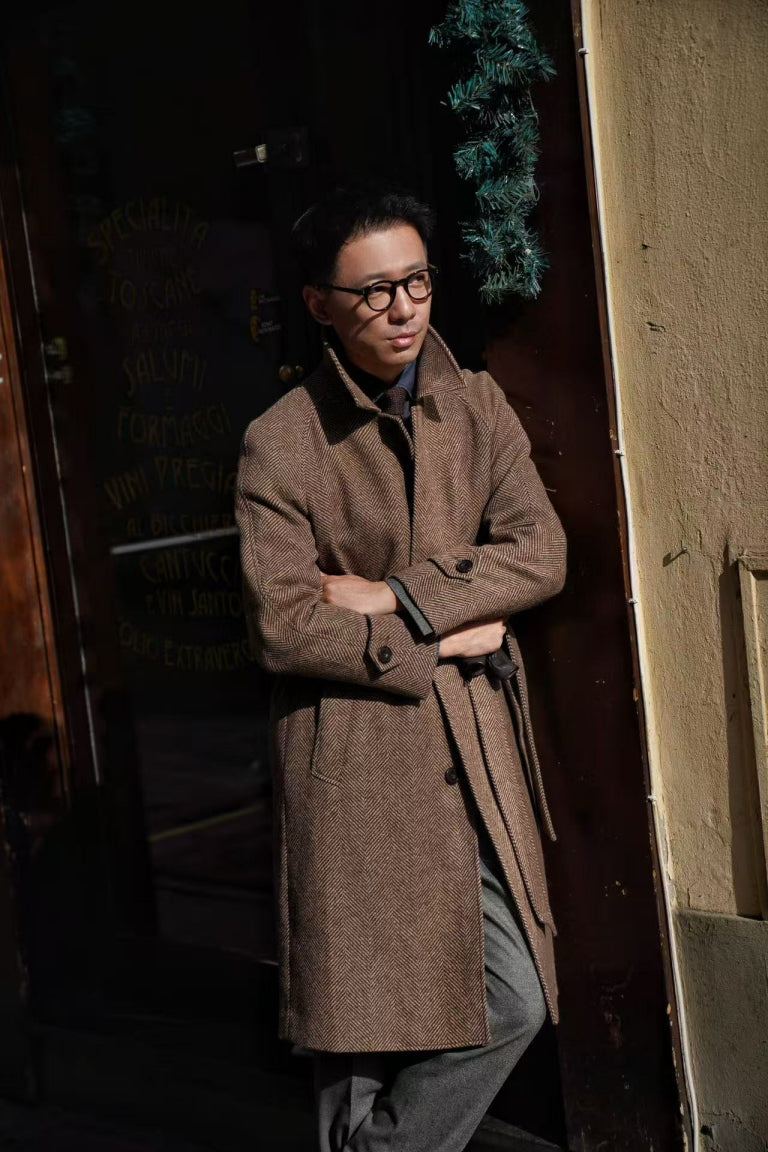 MTO Brown Herringbone Wool Balmacaan Coat #605