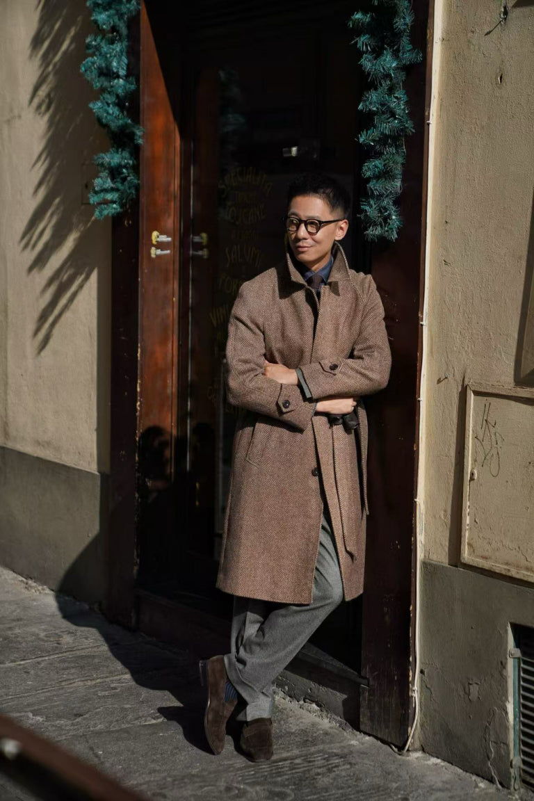 MTO Brown Herringbone Wool Balmacaan Coat #605