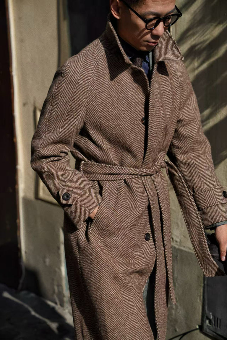 MTO Brown Herringbone Wool Balmacaan Coat #605