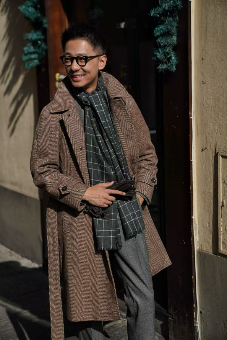 MTO Brown Herringbone Wool Balmacaan Coat #605