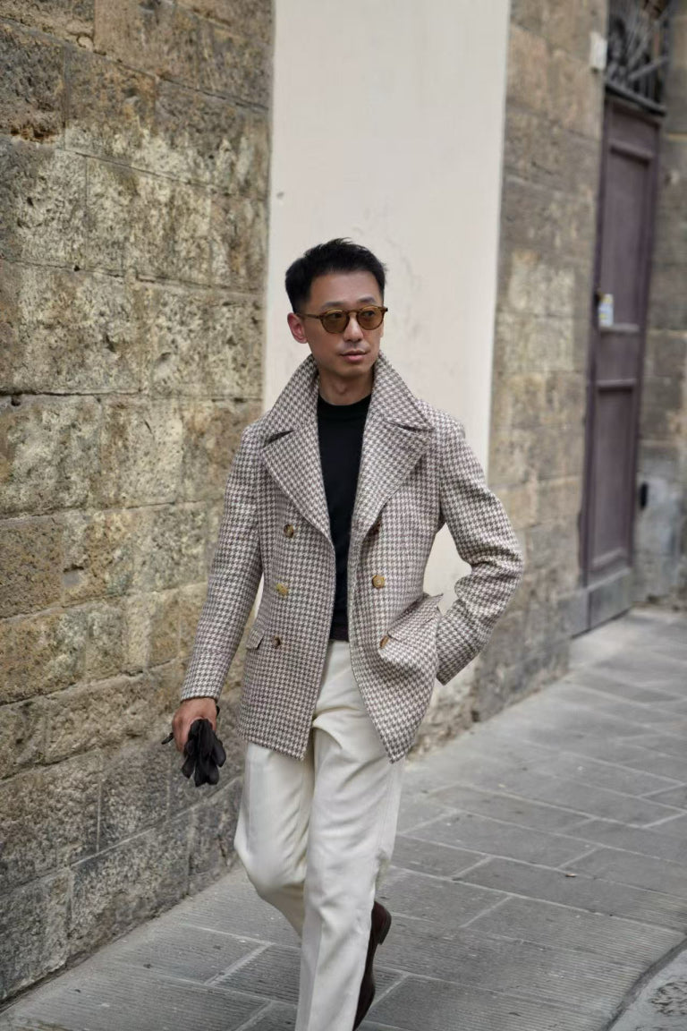 MTO Camel Houndstooth Camel Hair Peacoat #506