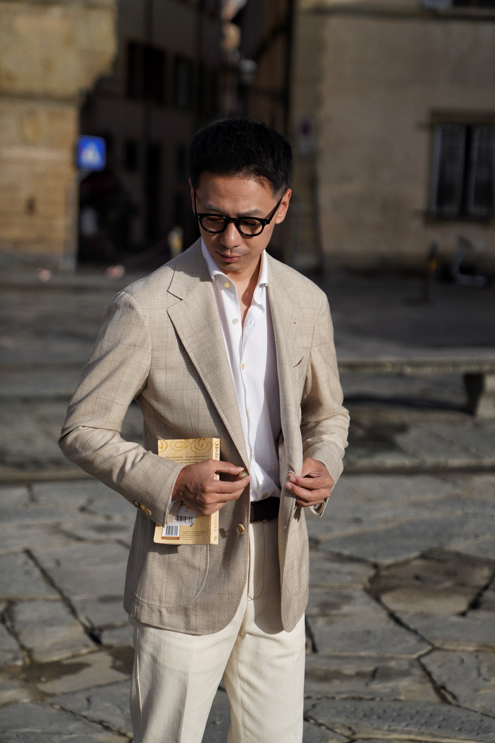 MTO Cream Glen Check Silk Linen Wool Jacket