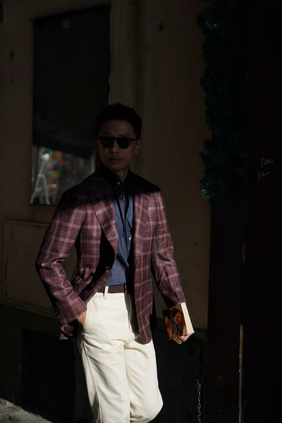MTO Burgundy Overcheck Wool Silk Linen Jacket #340