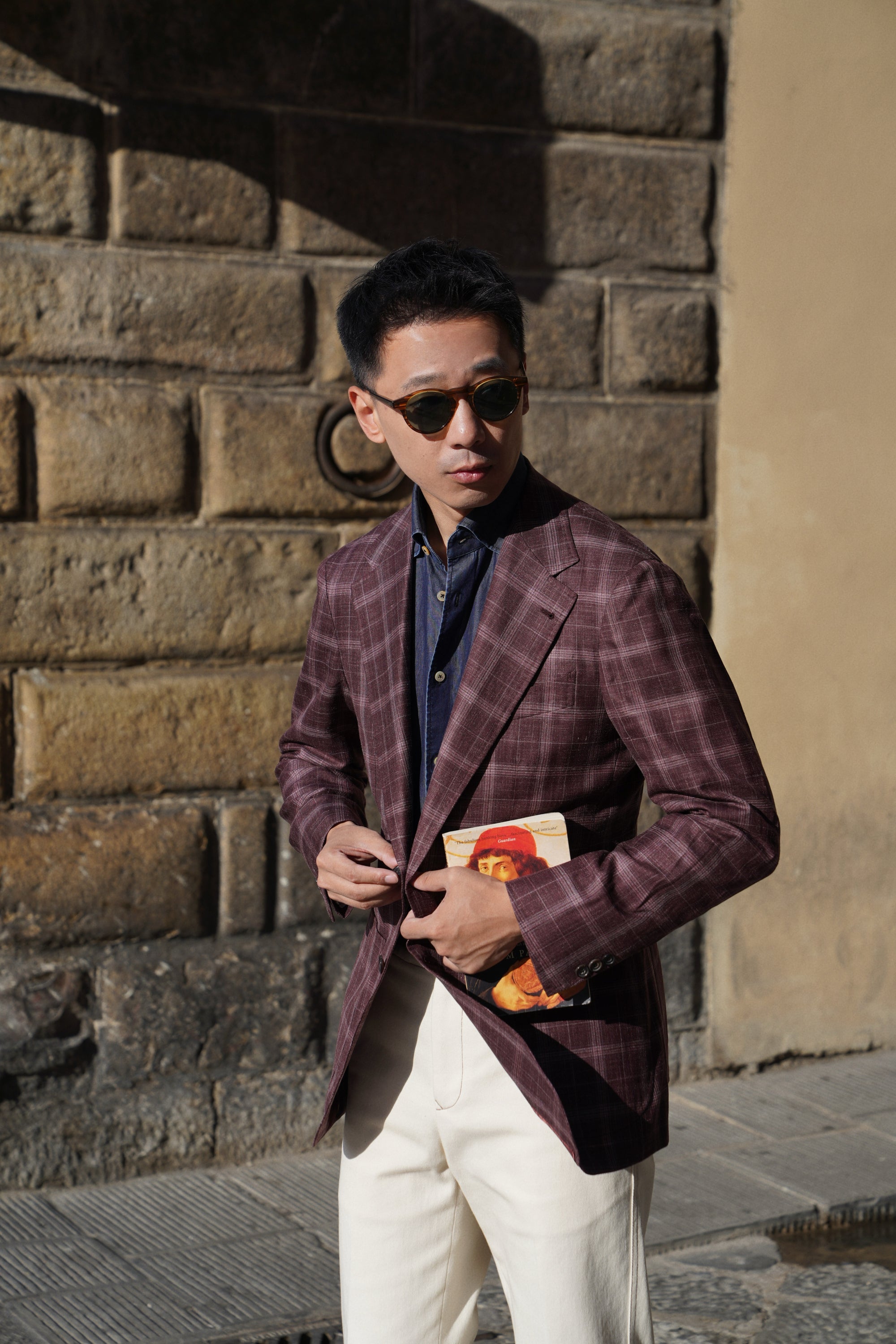 MTO Burgundy Overcheck Wool Silk Linen Jacket #340
