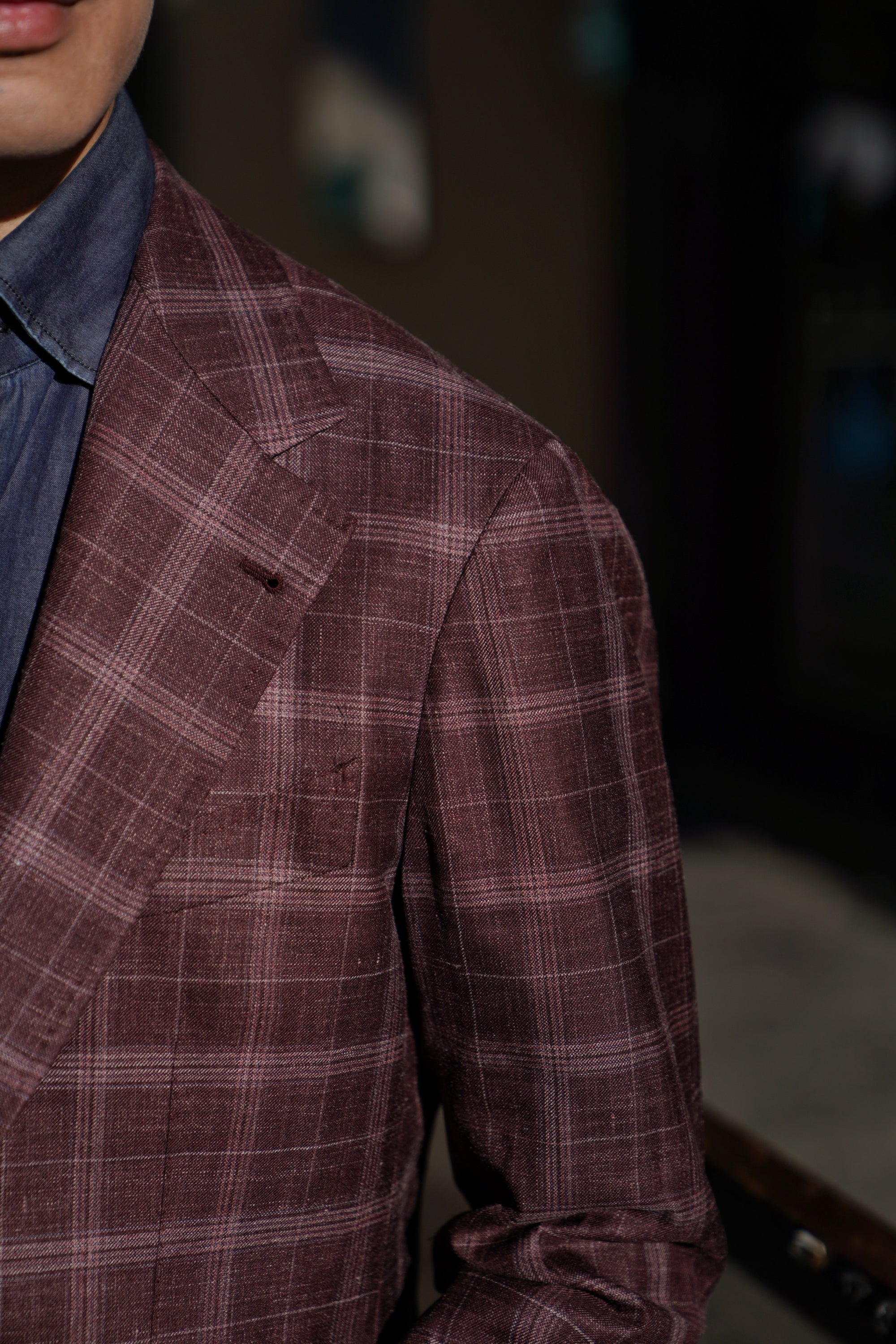 MTO Burgundy Overcheck Wool Silk Linen Jacket #340