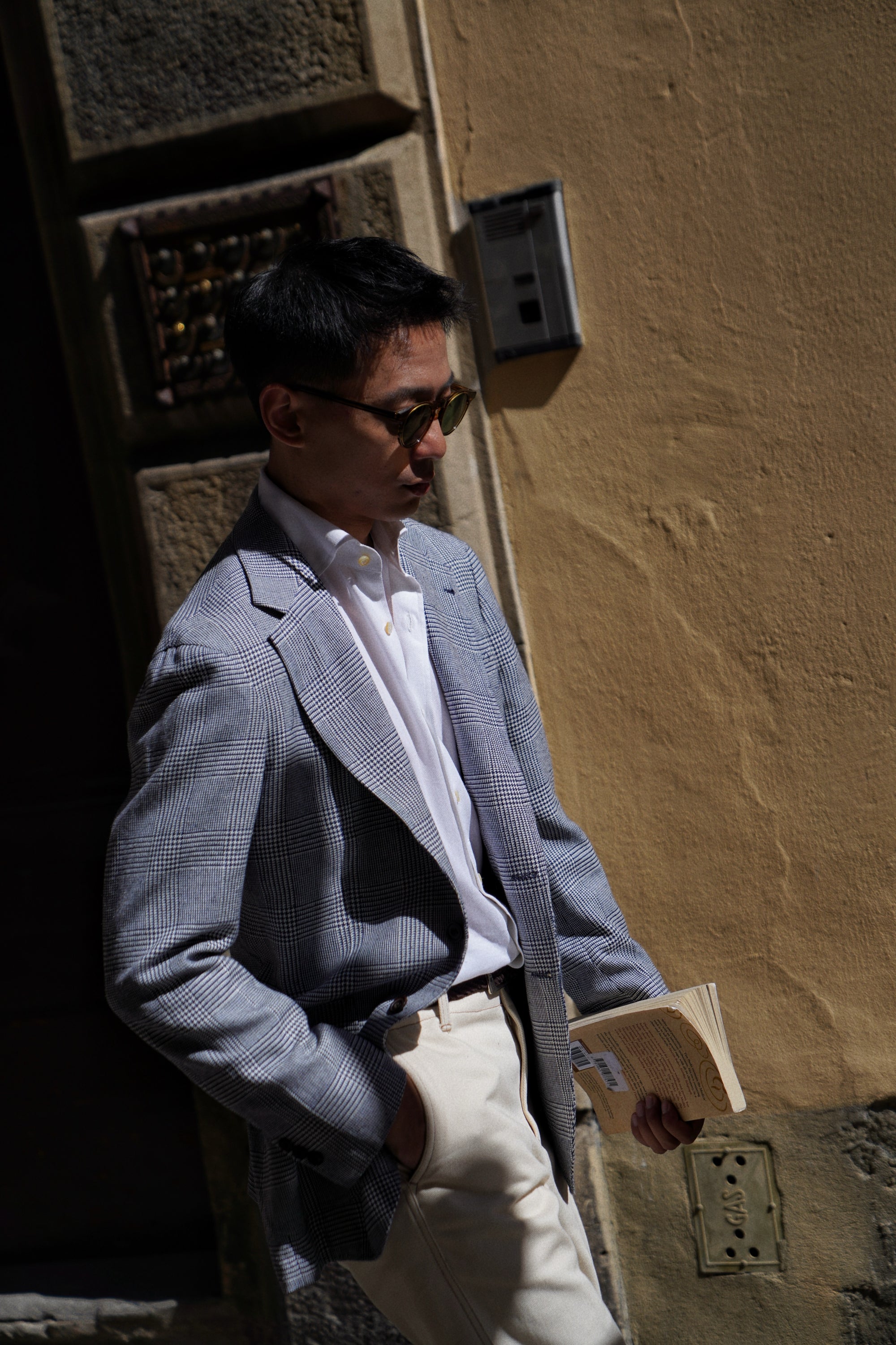 MTO Blue White Glen Check Silk Linen Wool Jacket #259