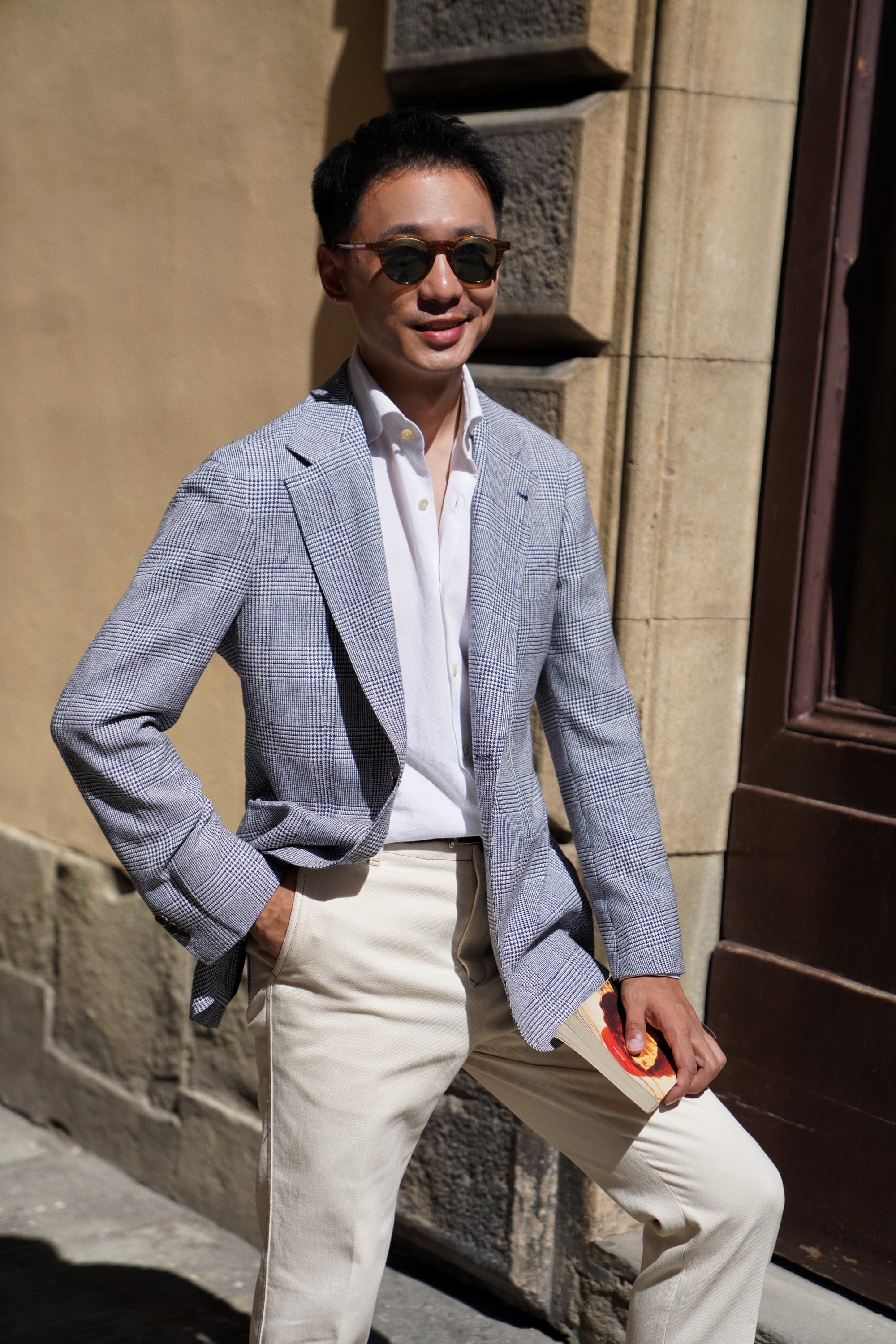 MTO Blue White Glen Check Silk Linen Wool Jacket #259
