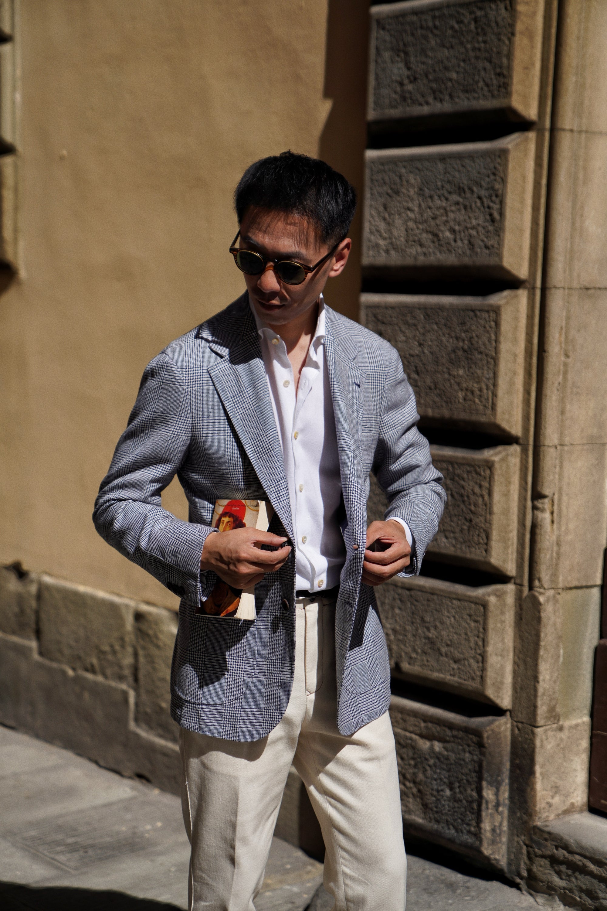 MTO Blue White Glen Check Silk Linen Wool Jacket #259