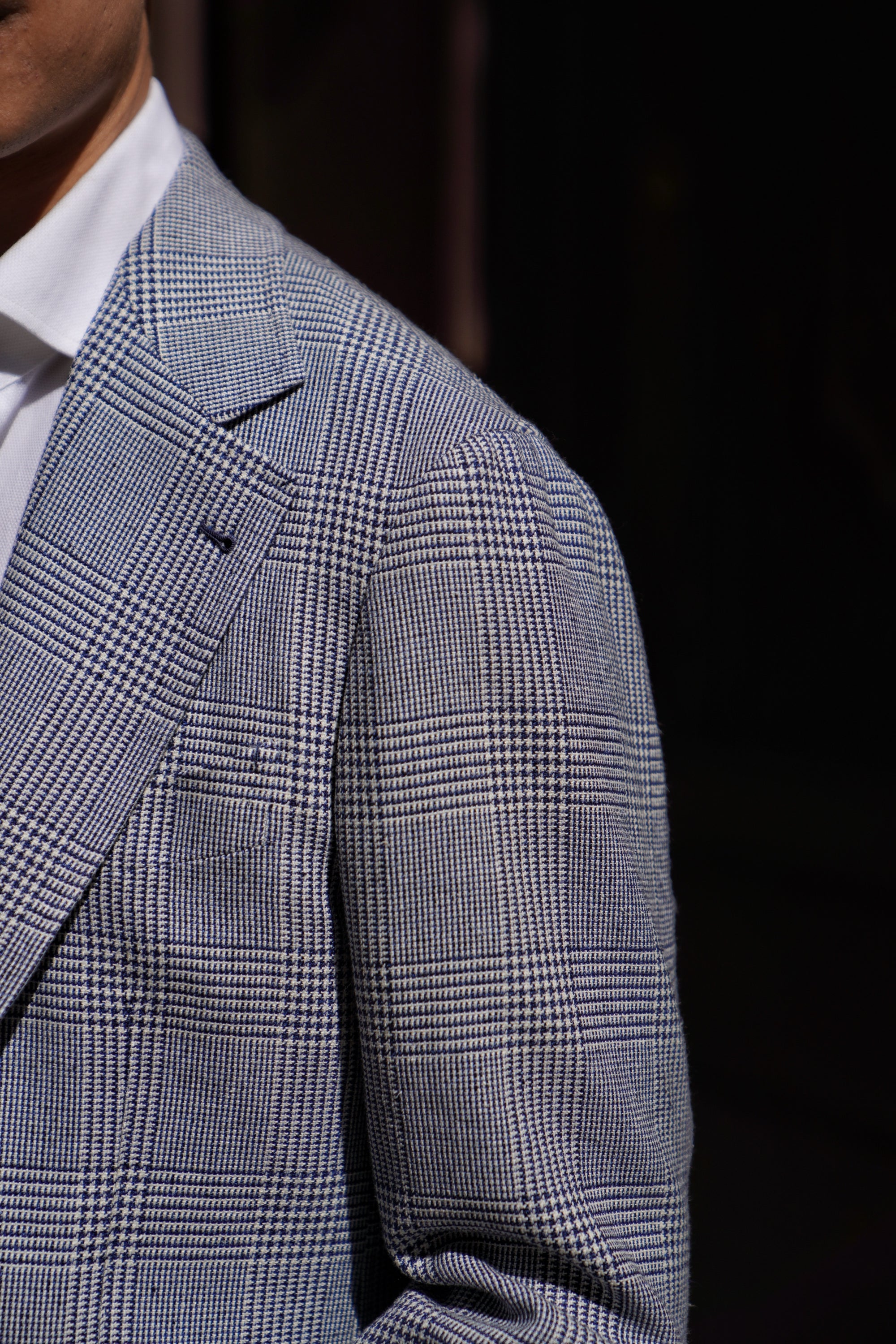 MTO Blue White Glen Check Silk Linen Wool Jacket #259