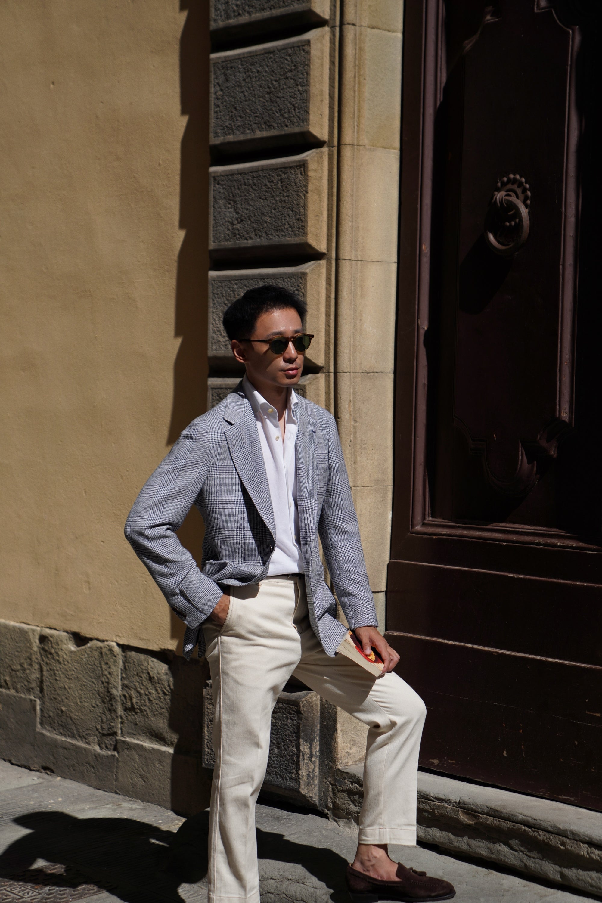 MTO Blue White Glen Check Silk Linen Wool Jacket #259