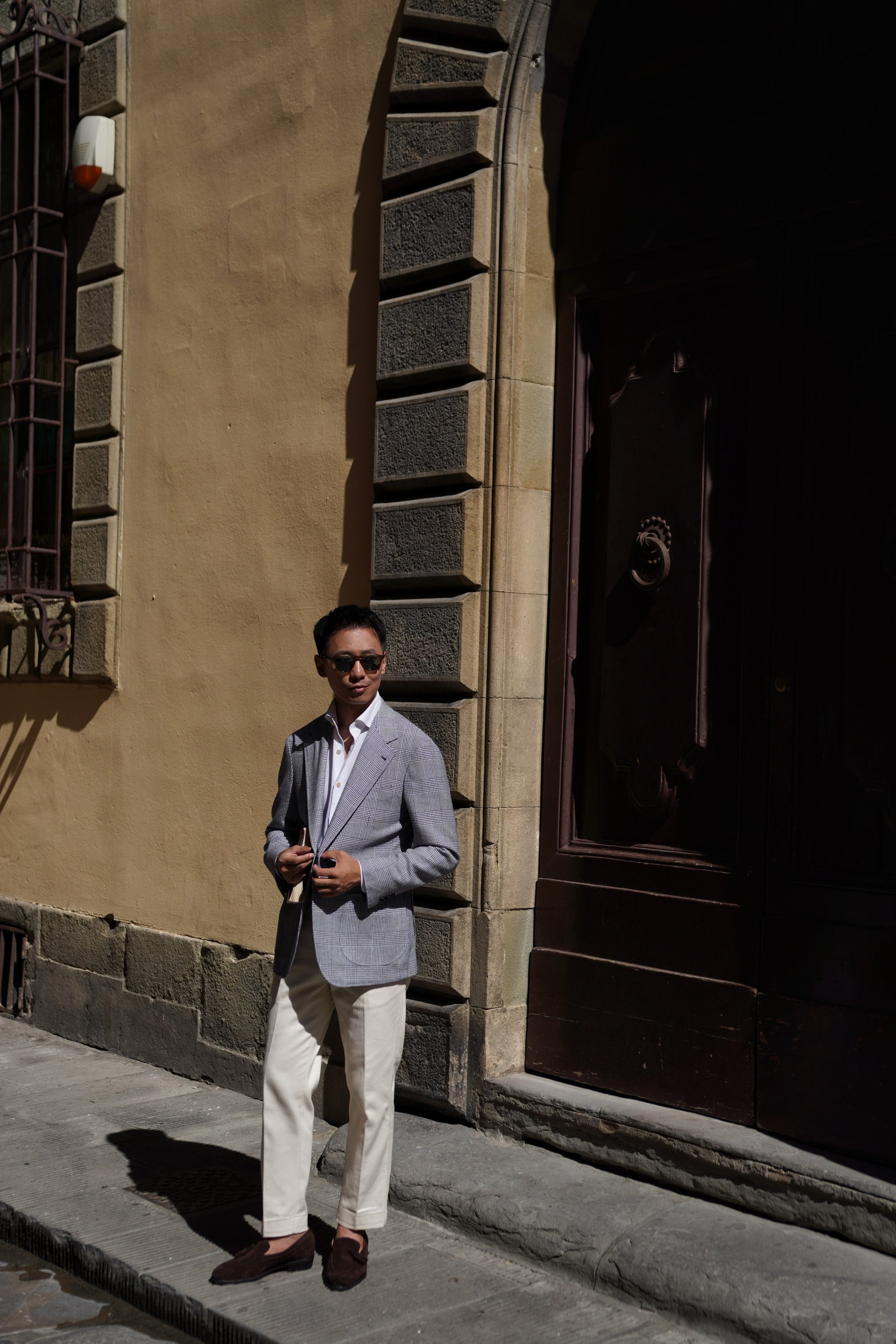 MTO Blue White Glen Check Silk Linen Wool Jacket #259