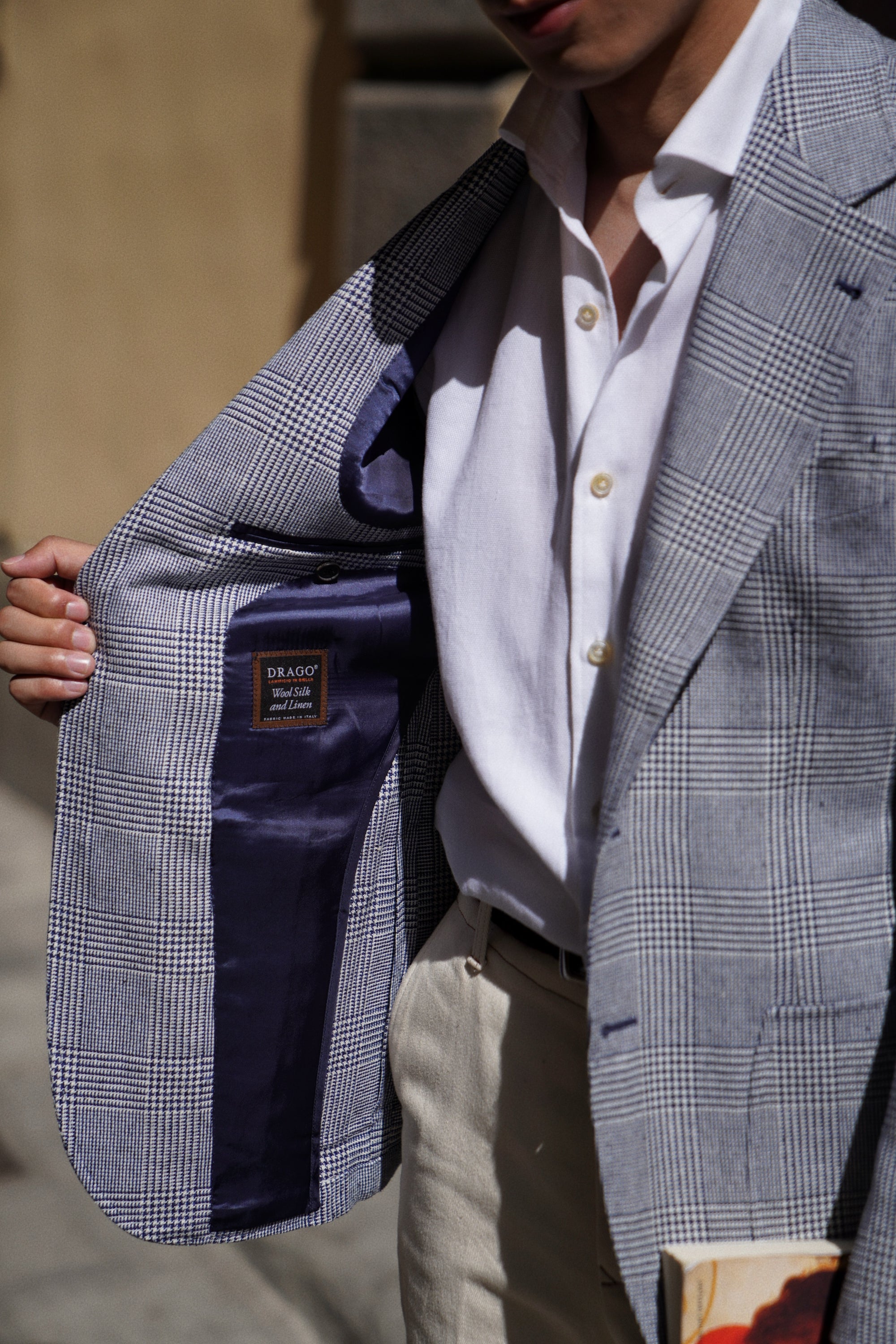 MTO Blue White Glen Check Silk Linen Wool Jacket #259