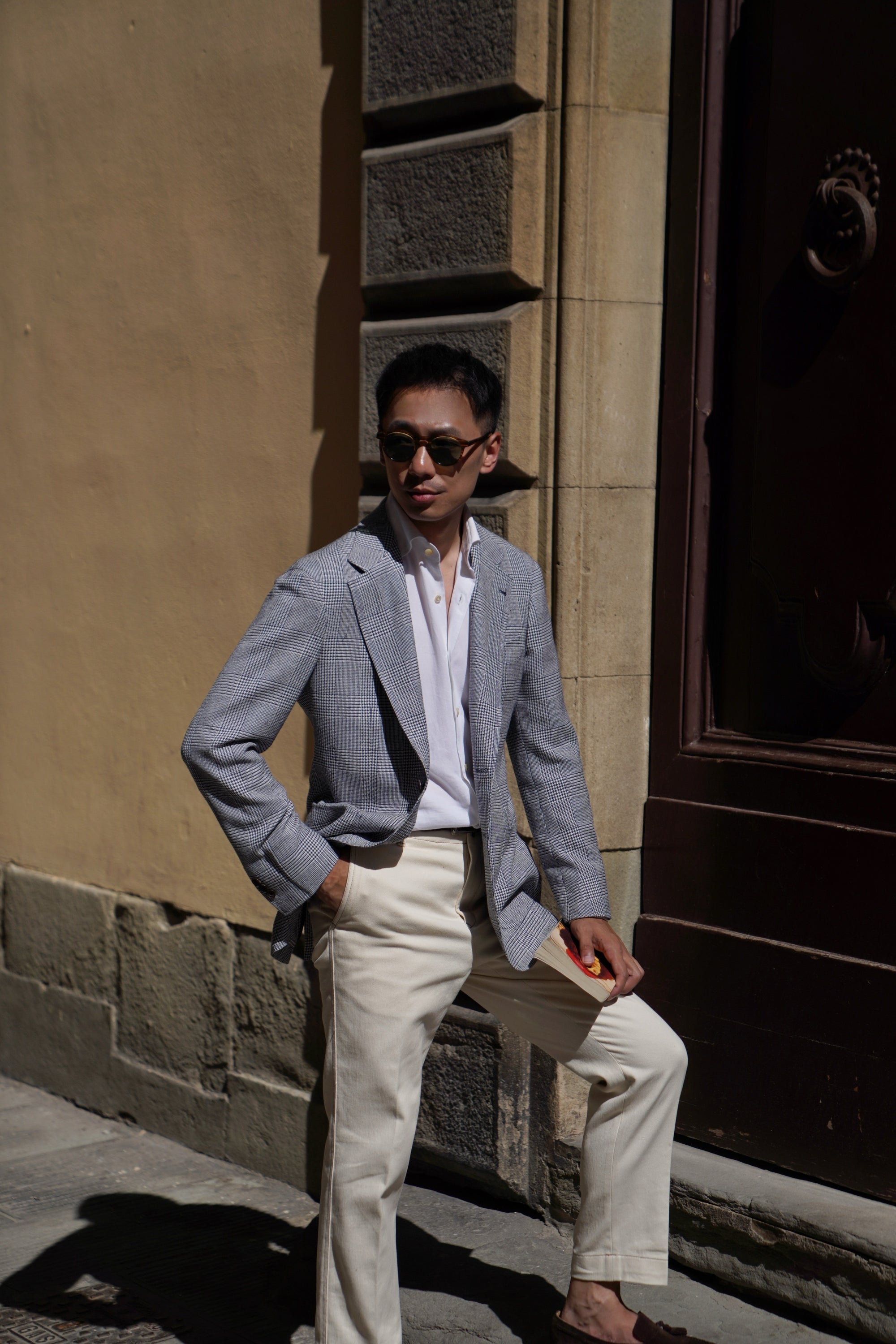 MTO Blue White Glen Check Silk Linen Wool Jacket #259