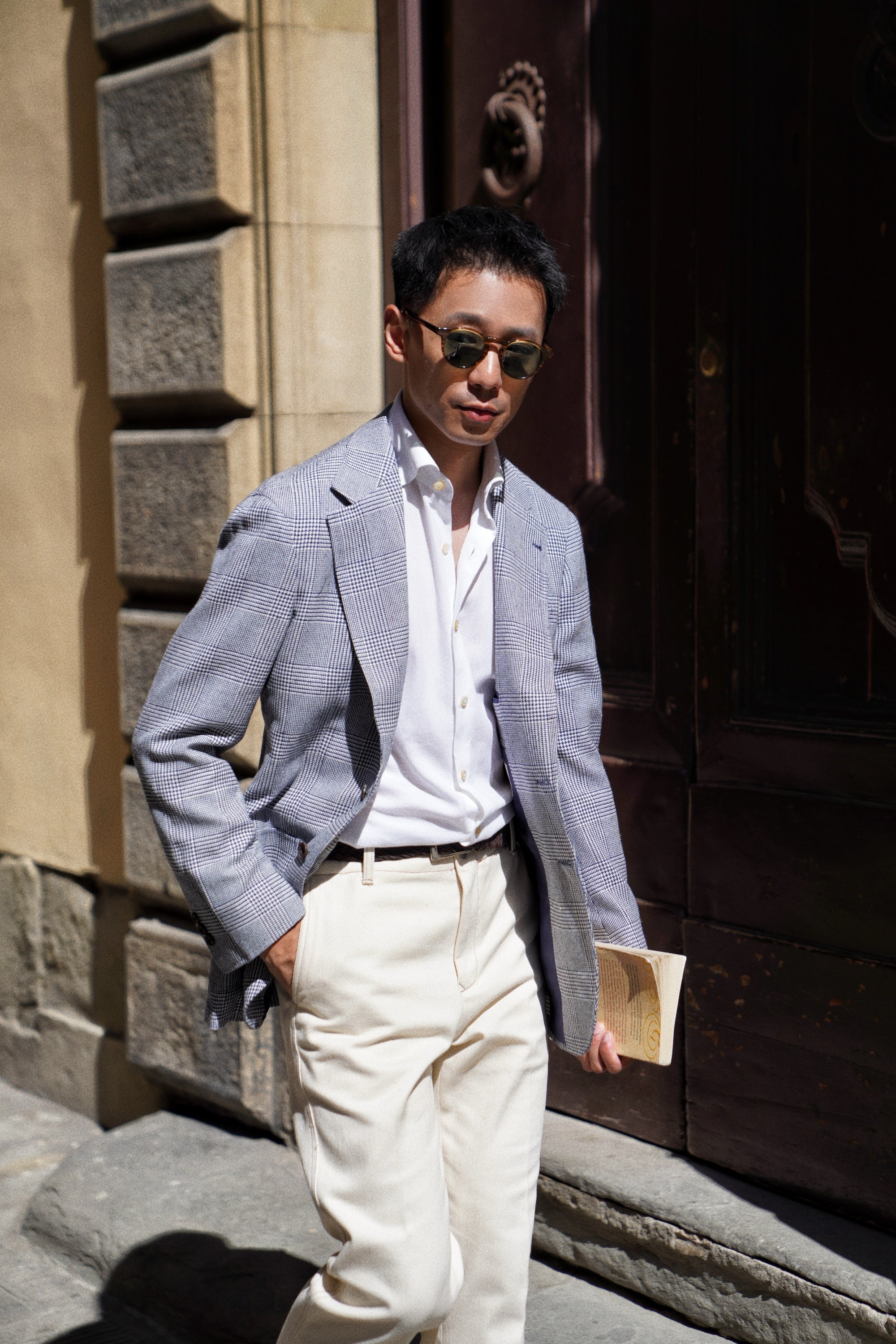 MTO Blue White Glen Check Silk Linen Wool Jacket #259