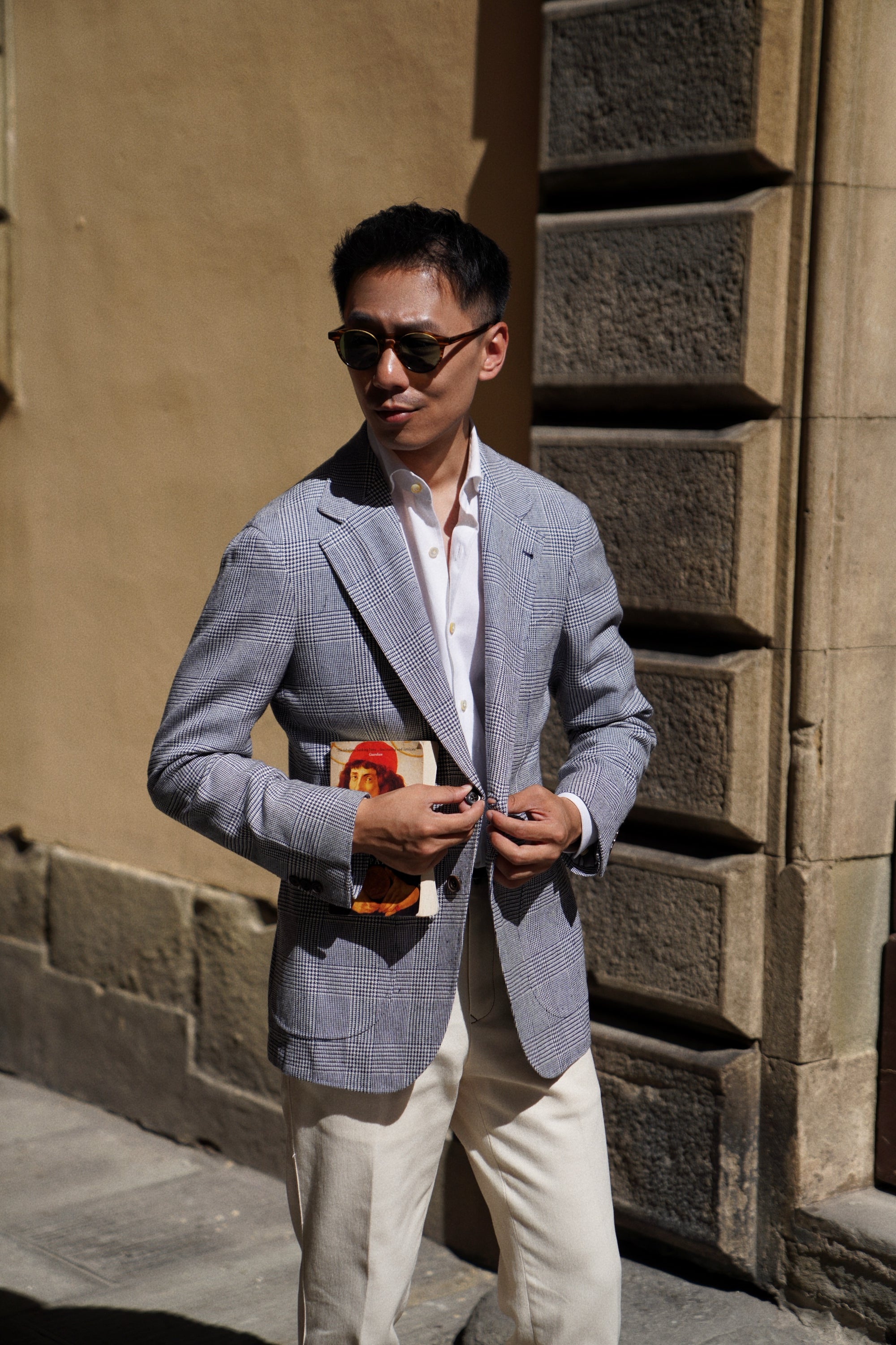 MTO Blue White Glen Check Silk Linen Wool Jacket #259