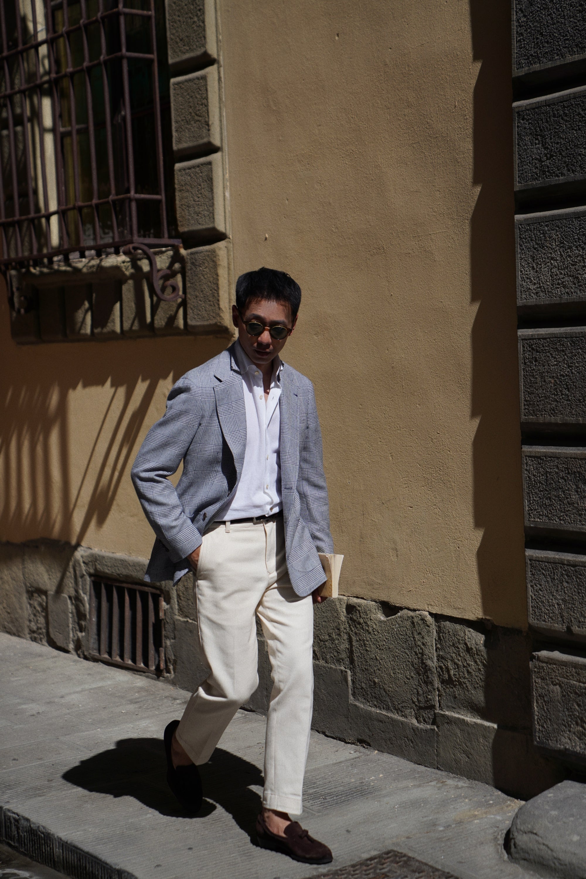 MTO Blue White Glen Check Silk Linen Wool Jacket #259