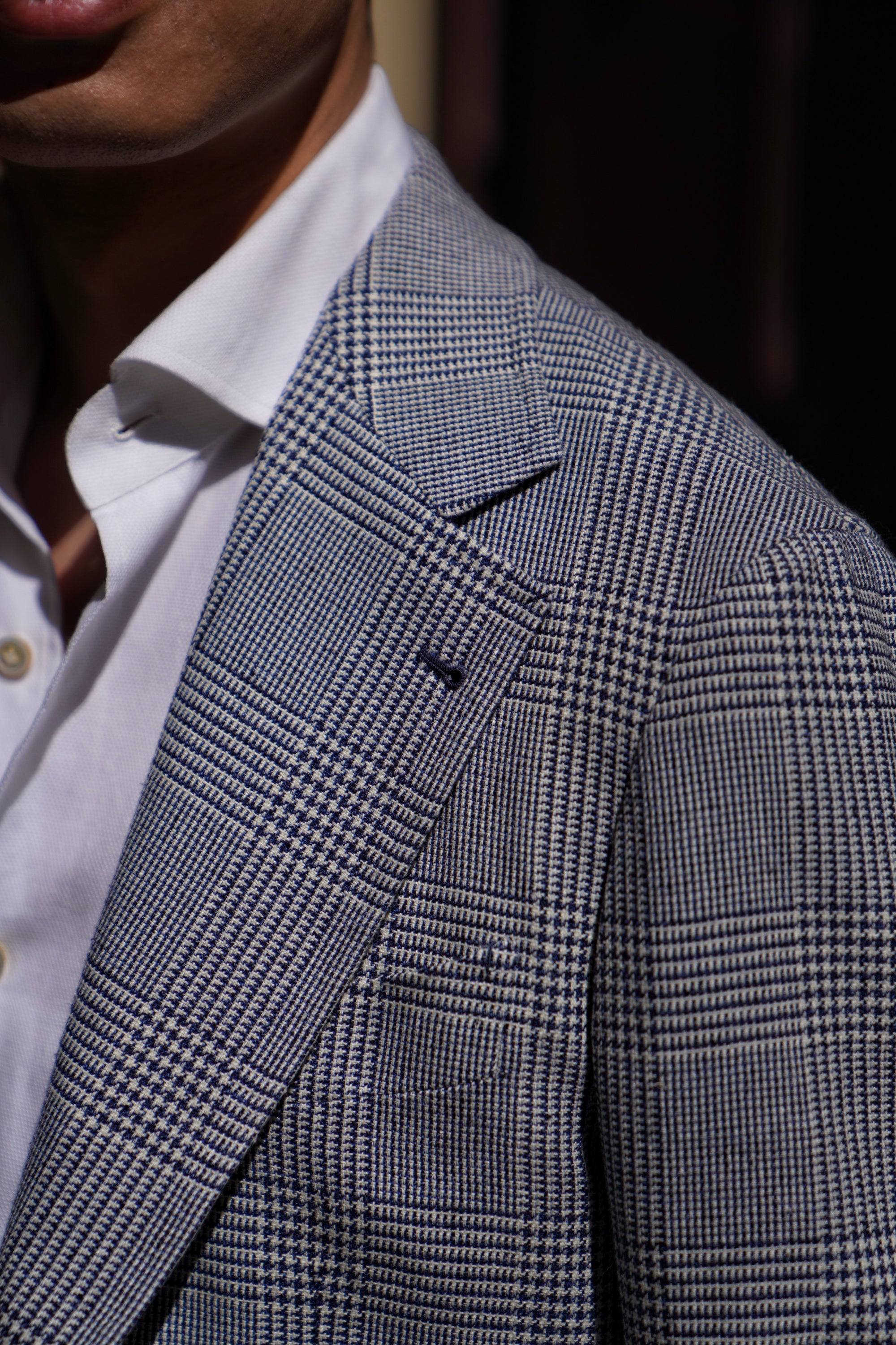 MTO Blue White Glen Check Silk Linen Wool Jacket #259