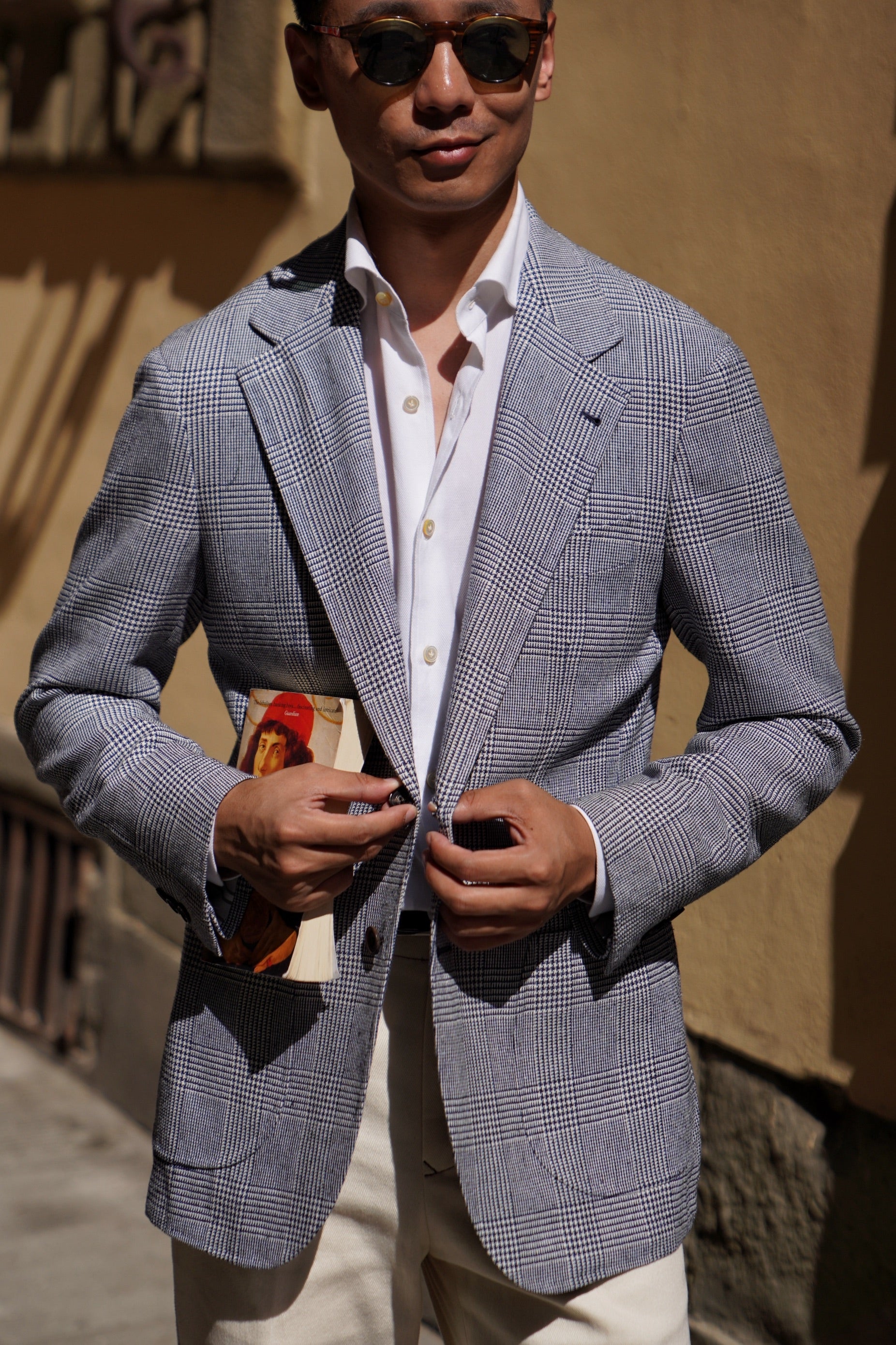 MTO Blue White Glen Check Silk Linen Wool Jacket #259
