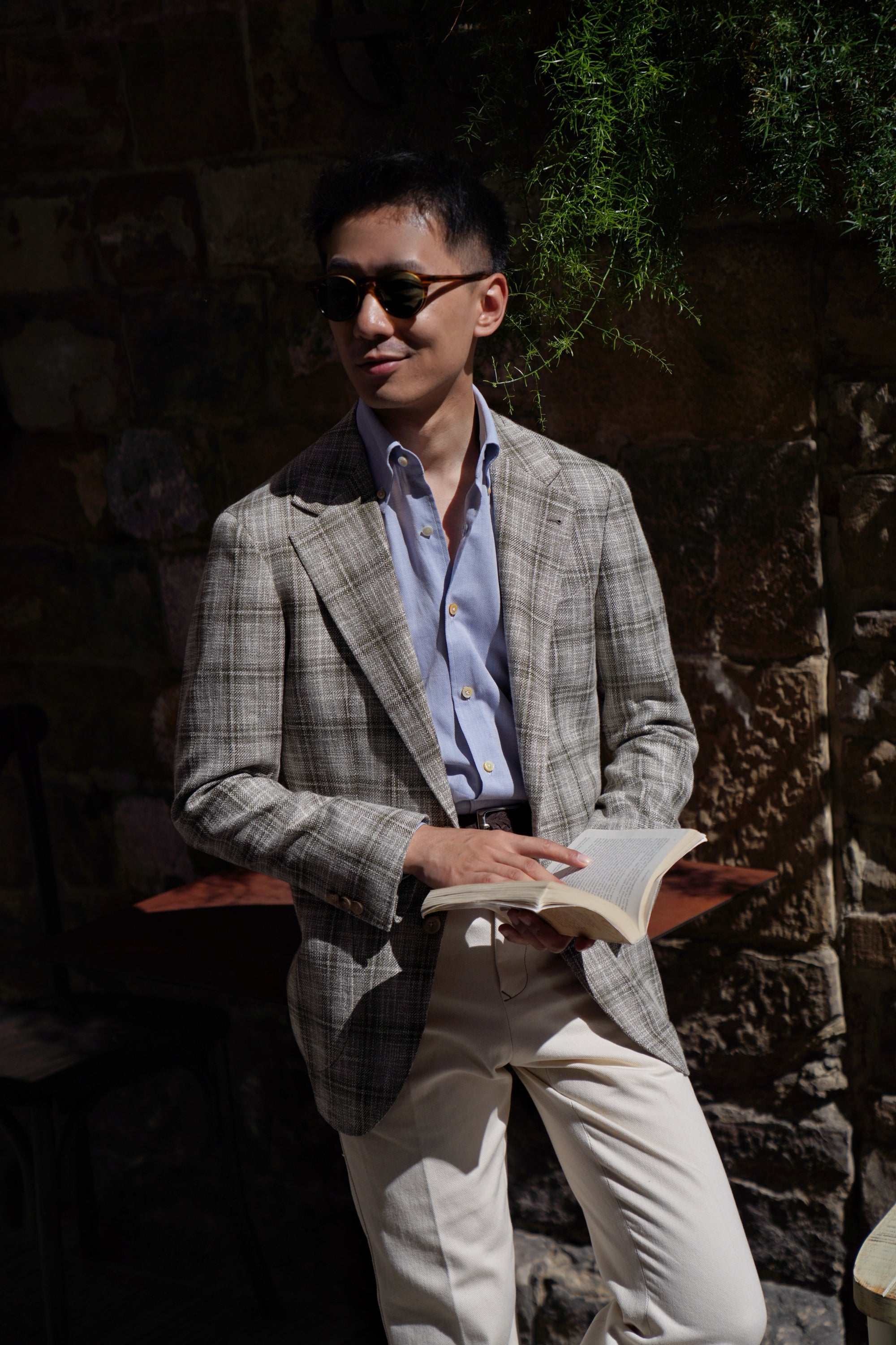 MTO Green Tan Windowpane Linen Wool Jacket #602