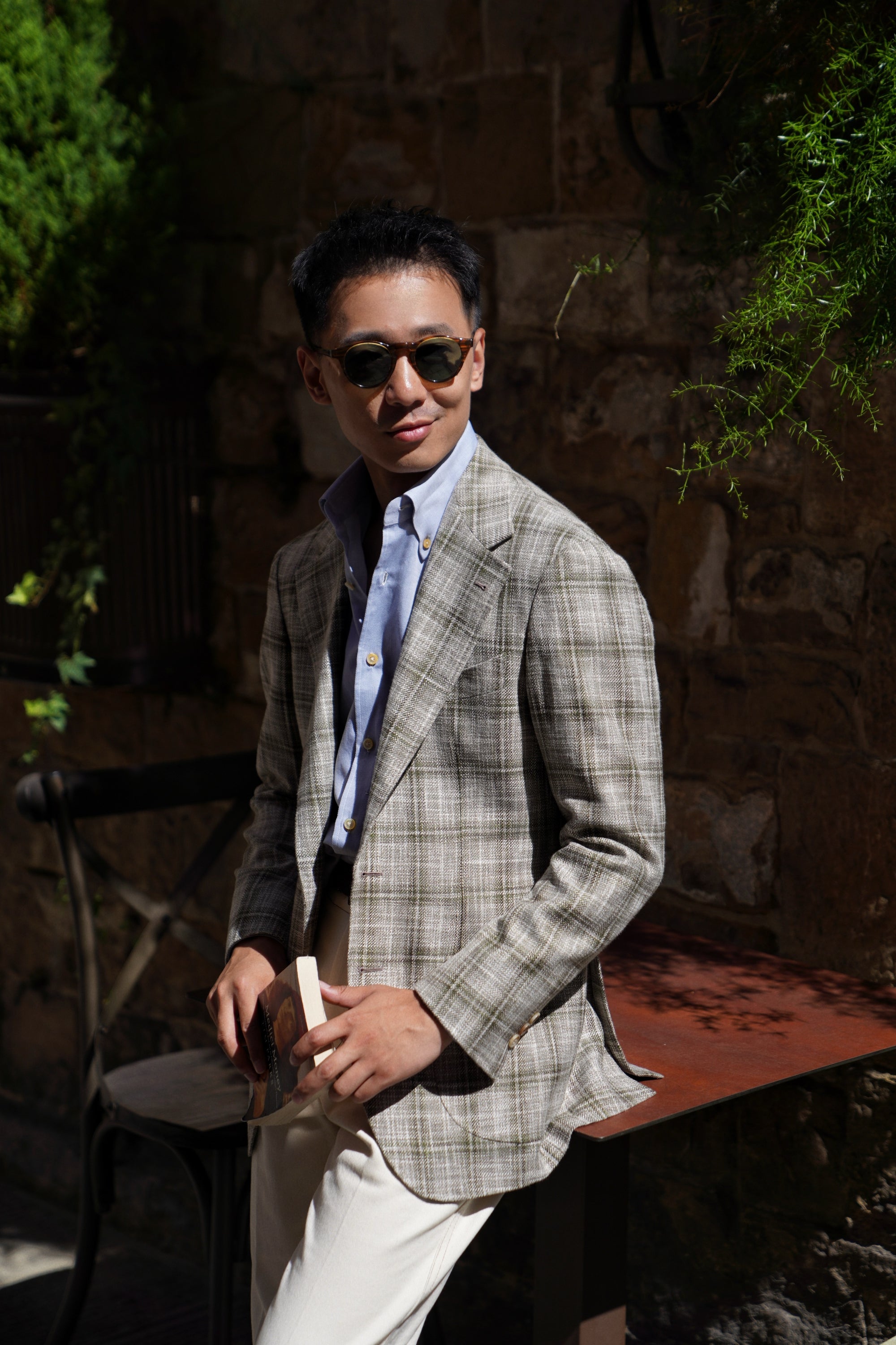 MTO Green Tan Windowpane Linen Wool Jacket #602