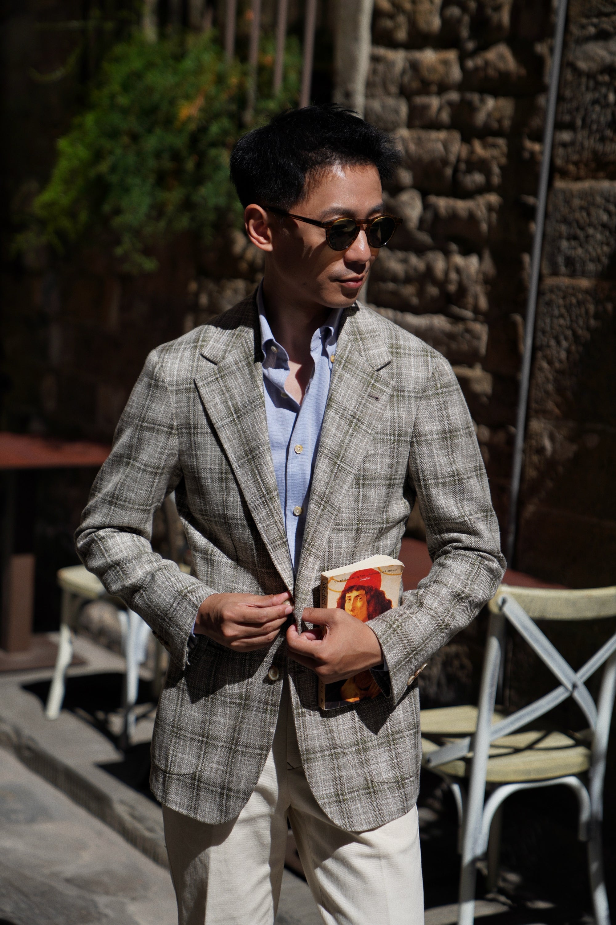 MTO Green Tan Windowpane Linen Wool Jacket #602