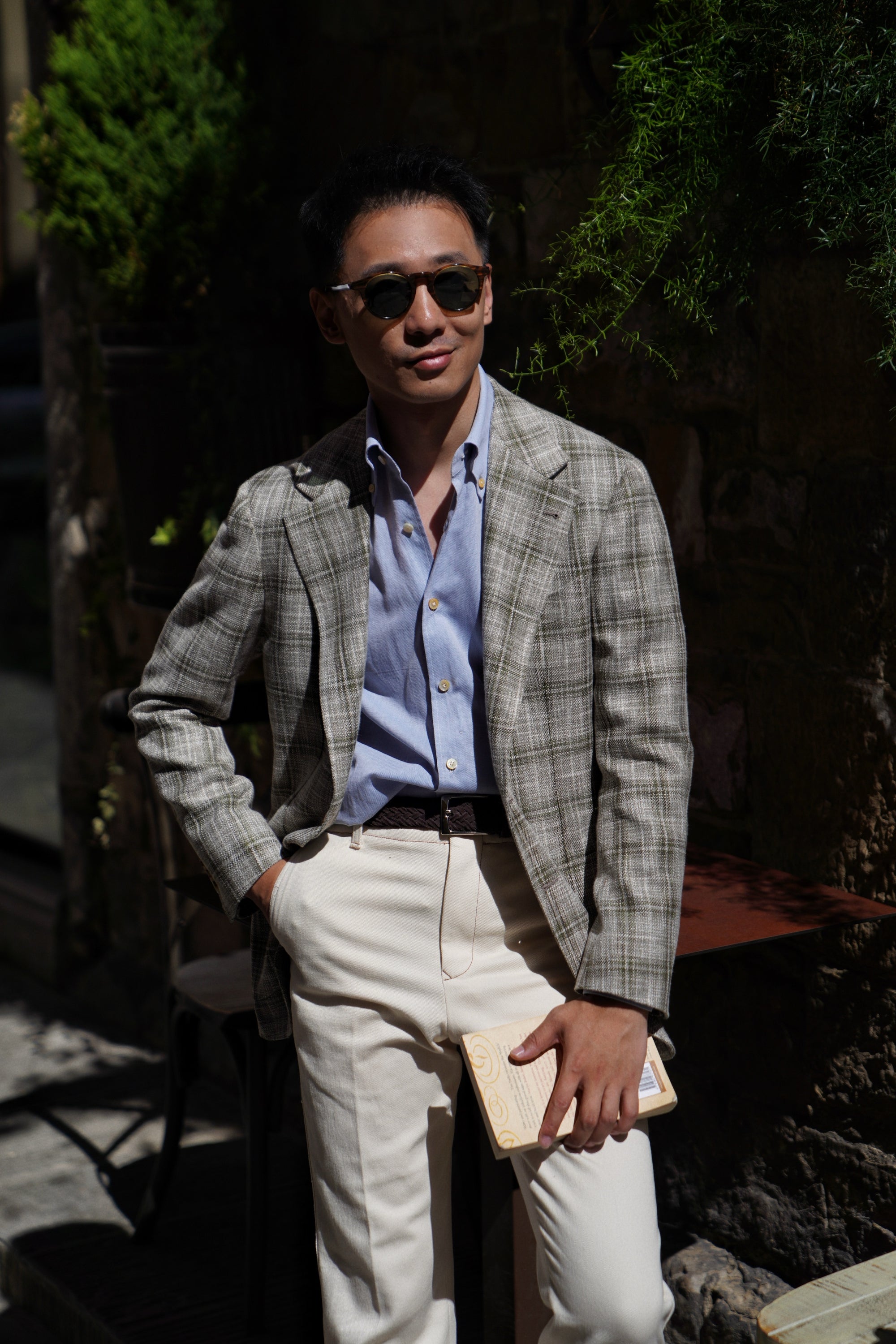 MTO Green Tan Windowpane Linen Wool Jacket #602