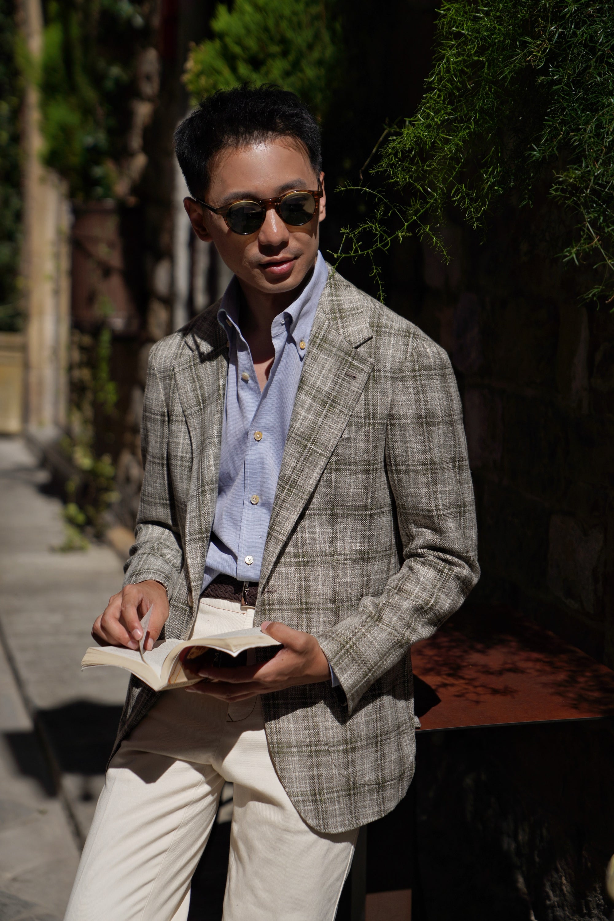 MTO Green Tan Windowpane Linen Wool Jacket #602