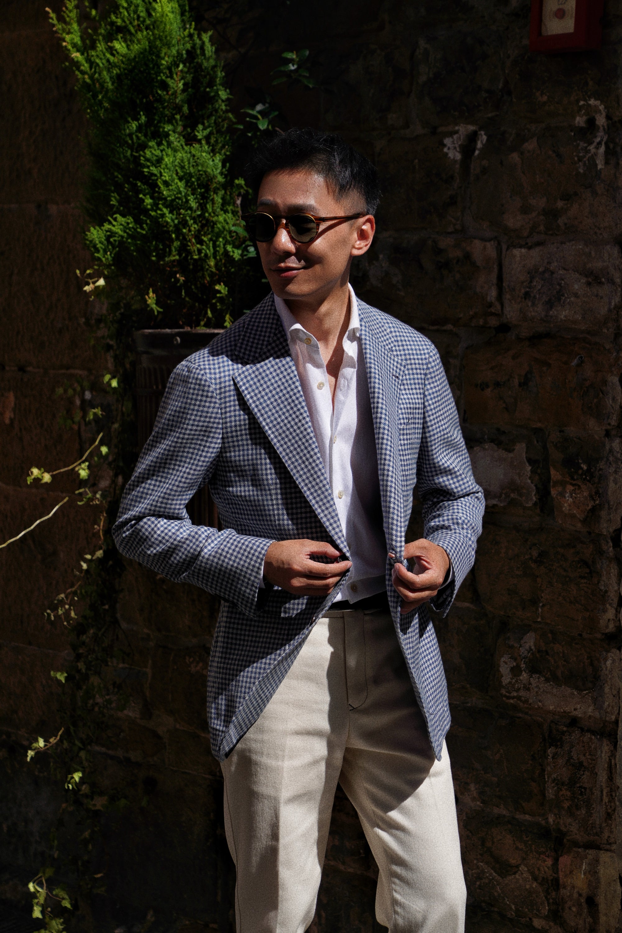 MTO Lake Blue Vichy Check Silk Linen Wool Jacket #329