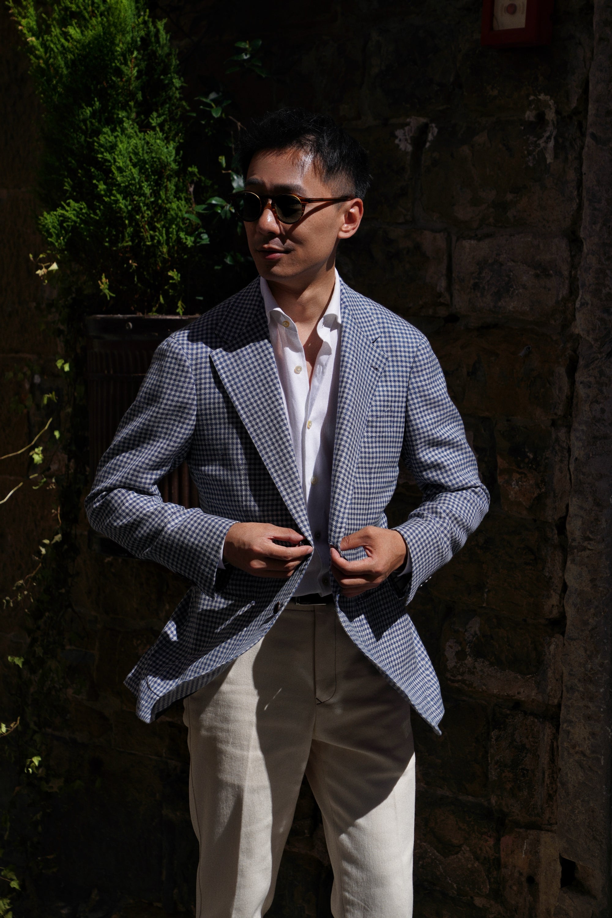 MTO Lake Blue Vichy Check Silk Linen Wool Jacket #329
