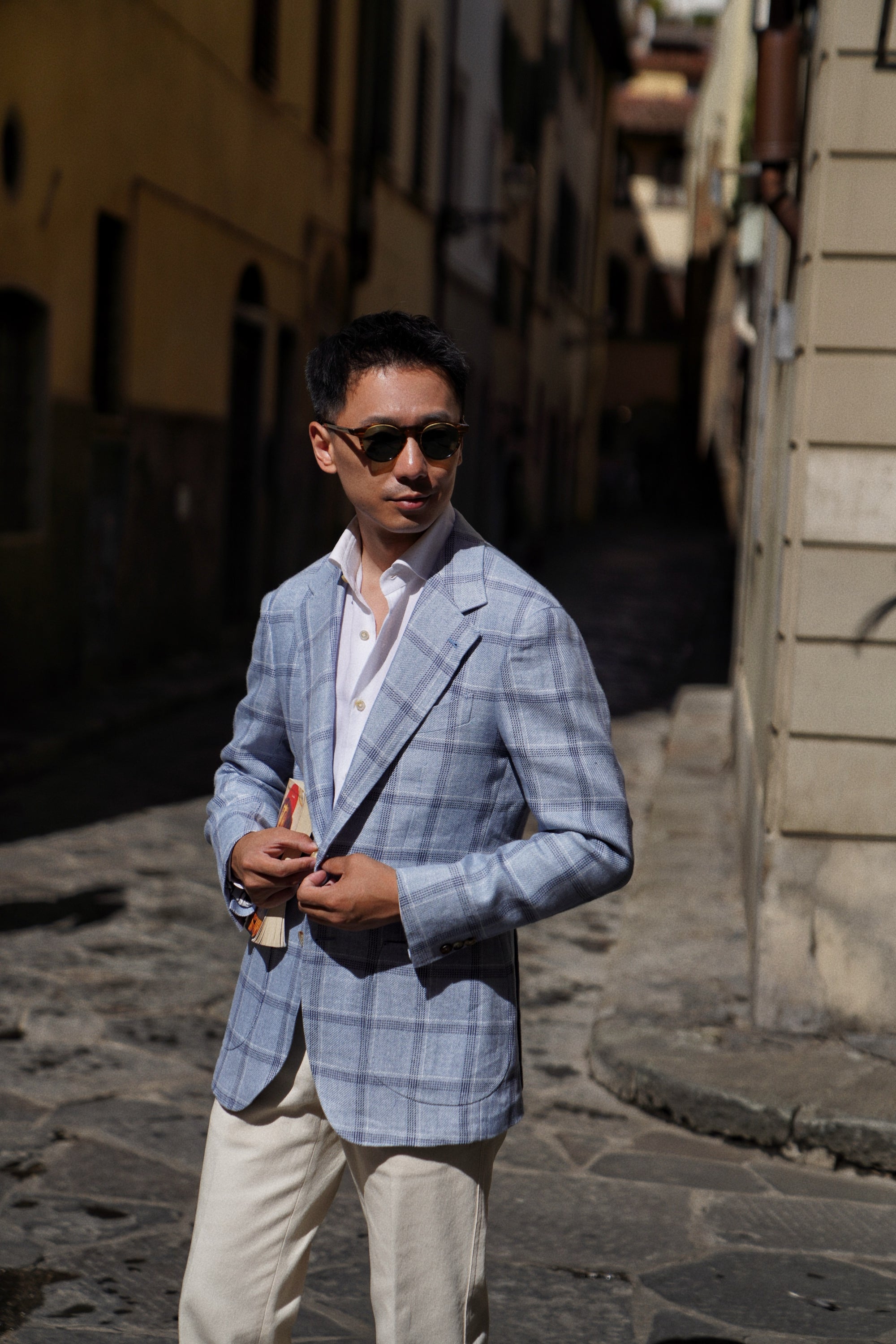 MTO Pale Blue Windowpane Linen Jacket