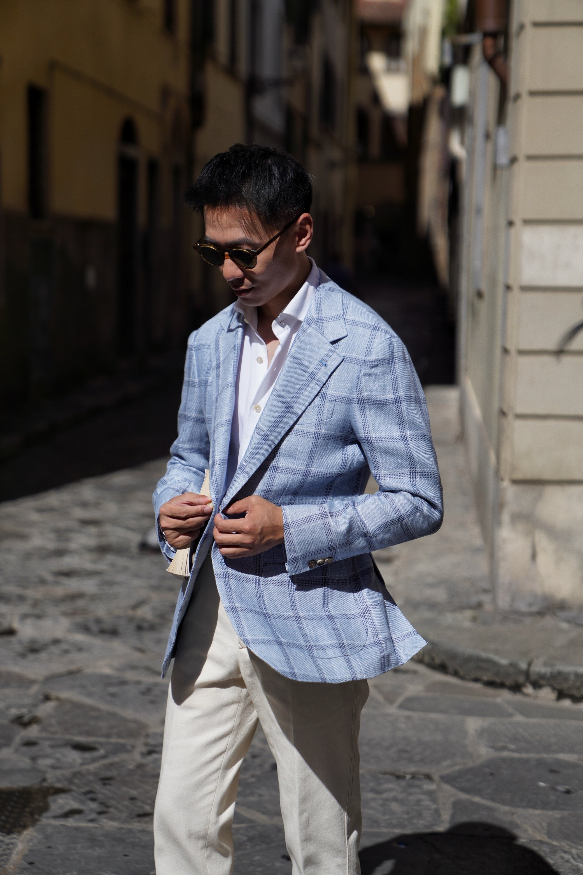 MTO Pale Blue Windowpane Linen Jacket