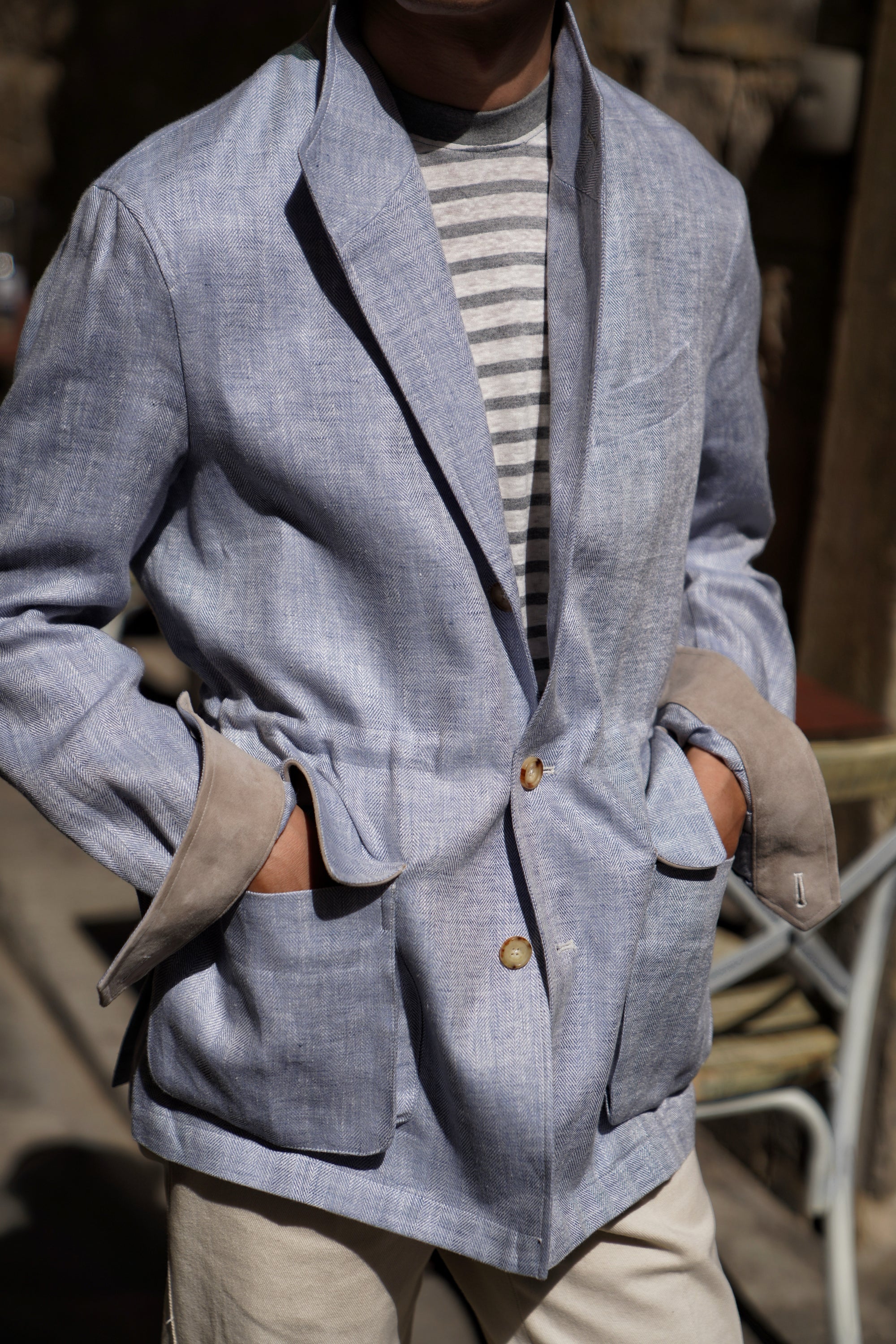 Pale Blue Herringbone Linen Teba Jacket #219