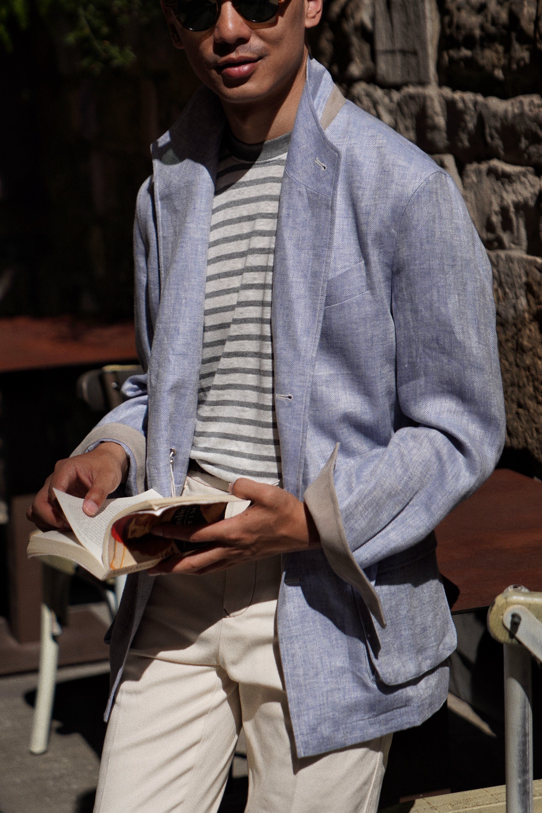Pale Blue Herringbone Linen Teba Jacket #219