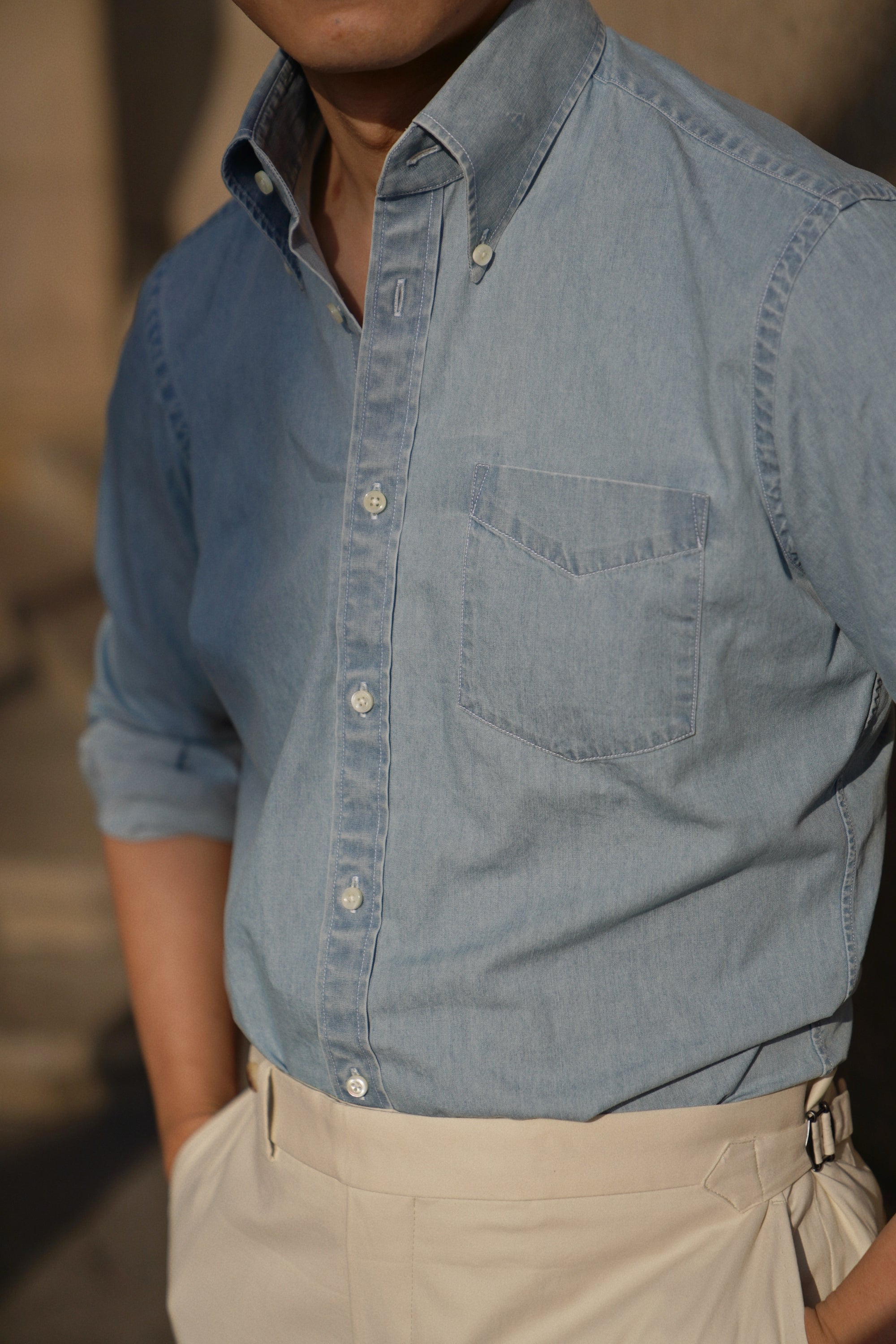 Bleach Washed Button Down Denim Shirt