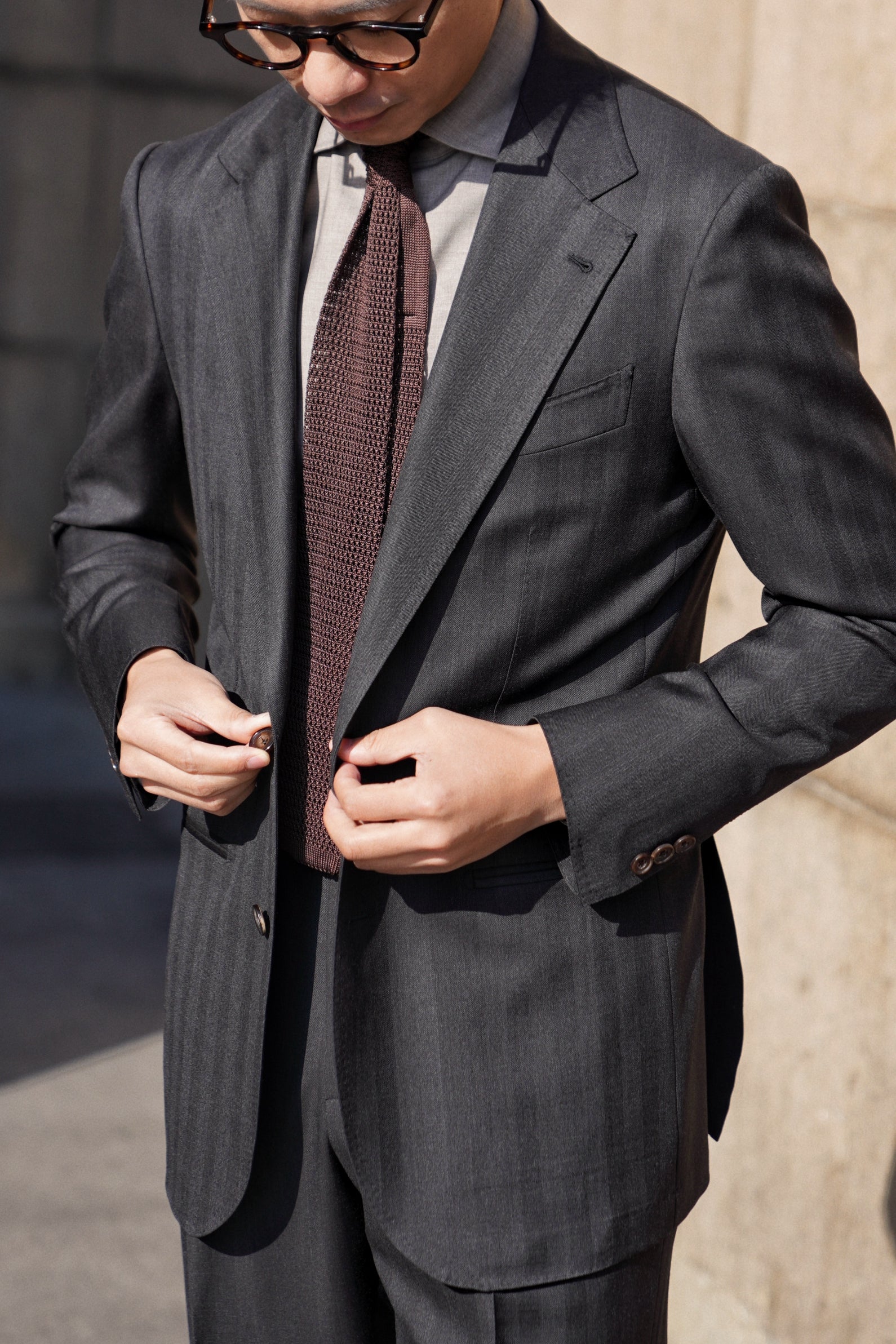 MTO Charcoal Herringbone 120s Wool Suit #746