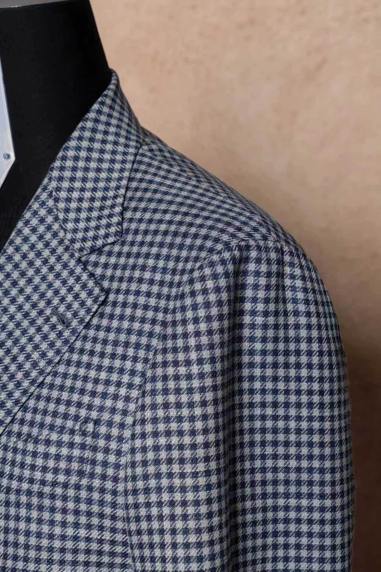 MTO Lake Blue Vichy Check Silk Linen Wool Jacket #329