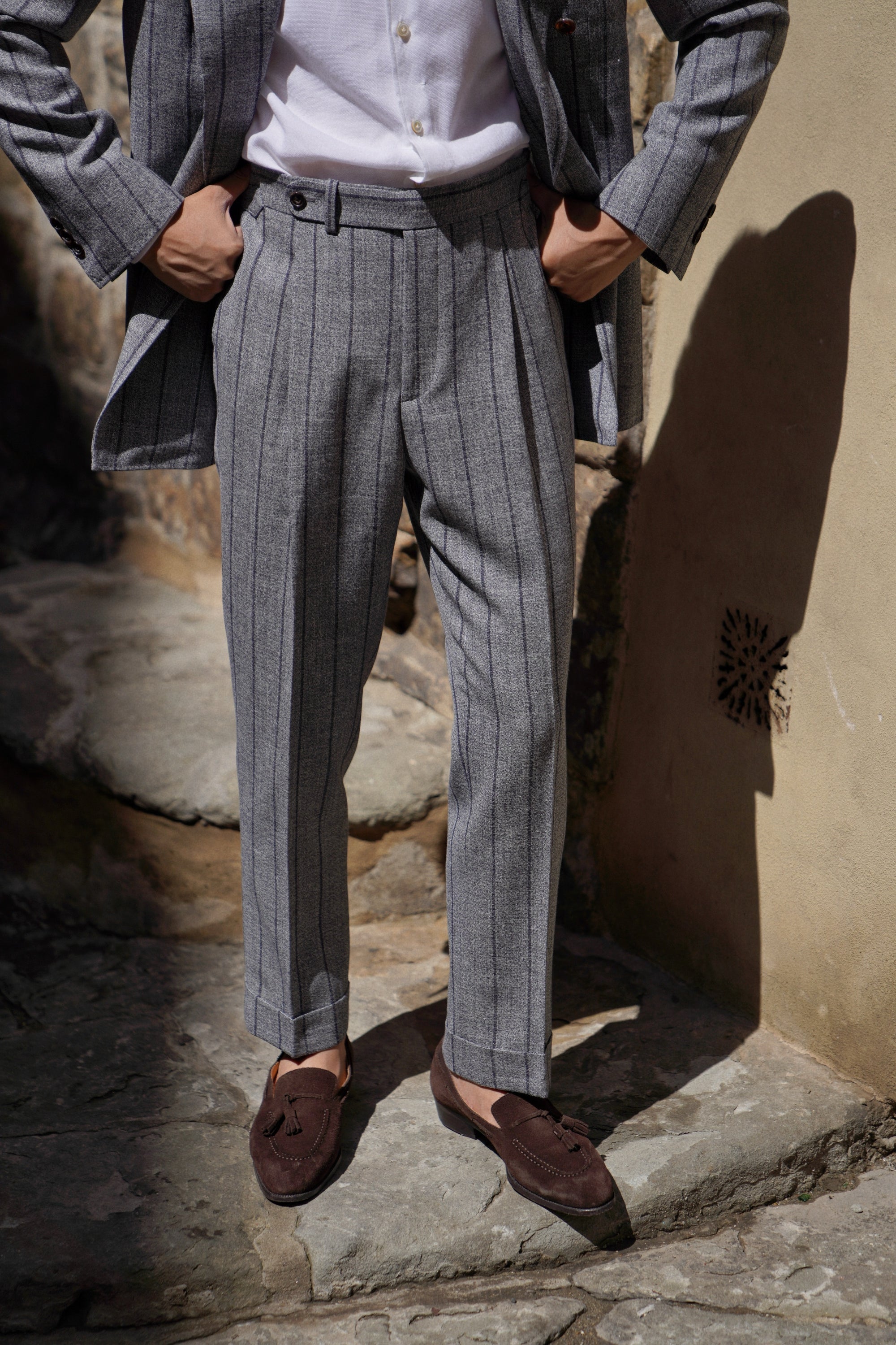 MTO Snow Grey Stripe Wool Linen Suit