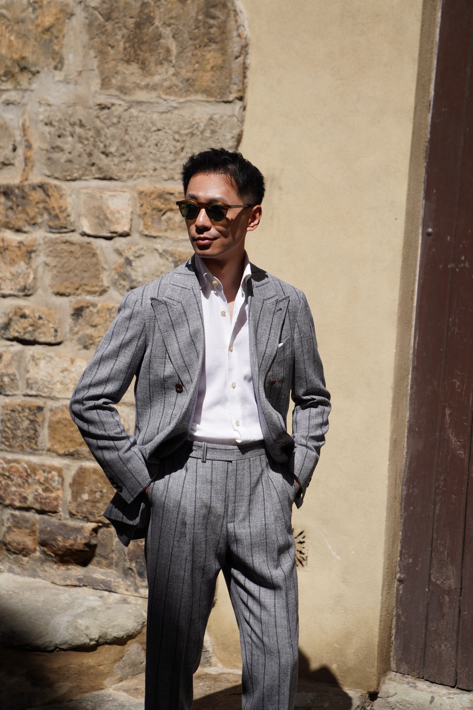 MTO Snow Grey Stripe Wool Linen Suit