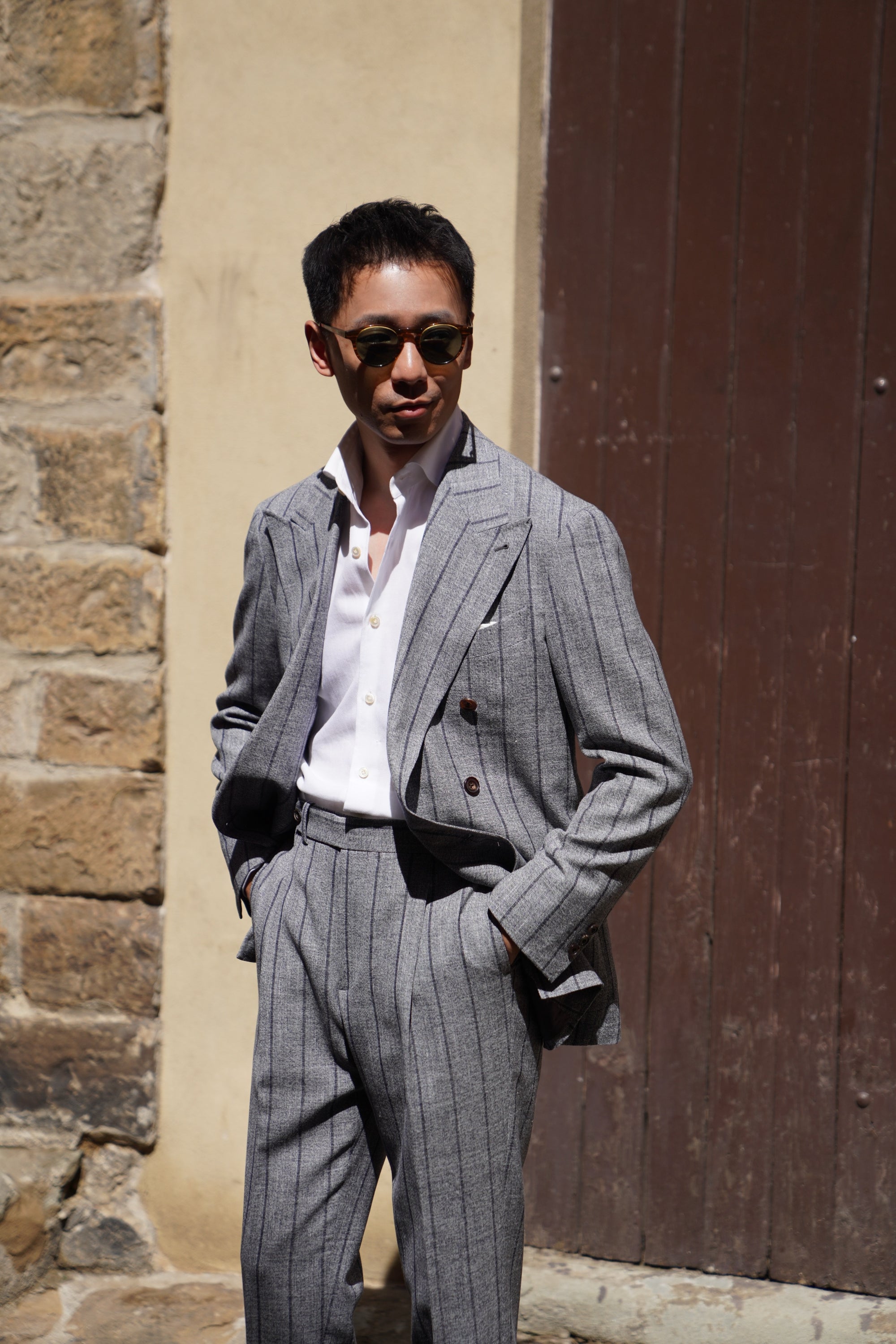 MTO Snow Grey Stripe Wool Linen Suit