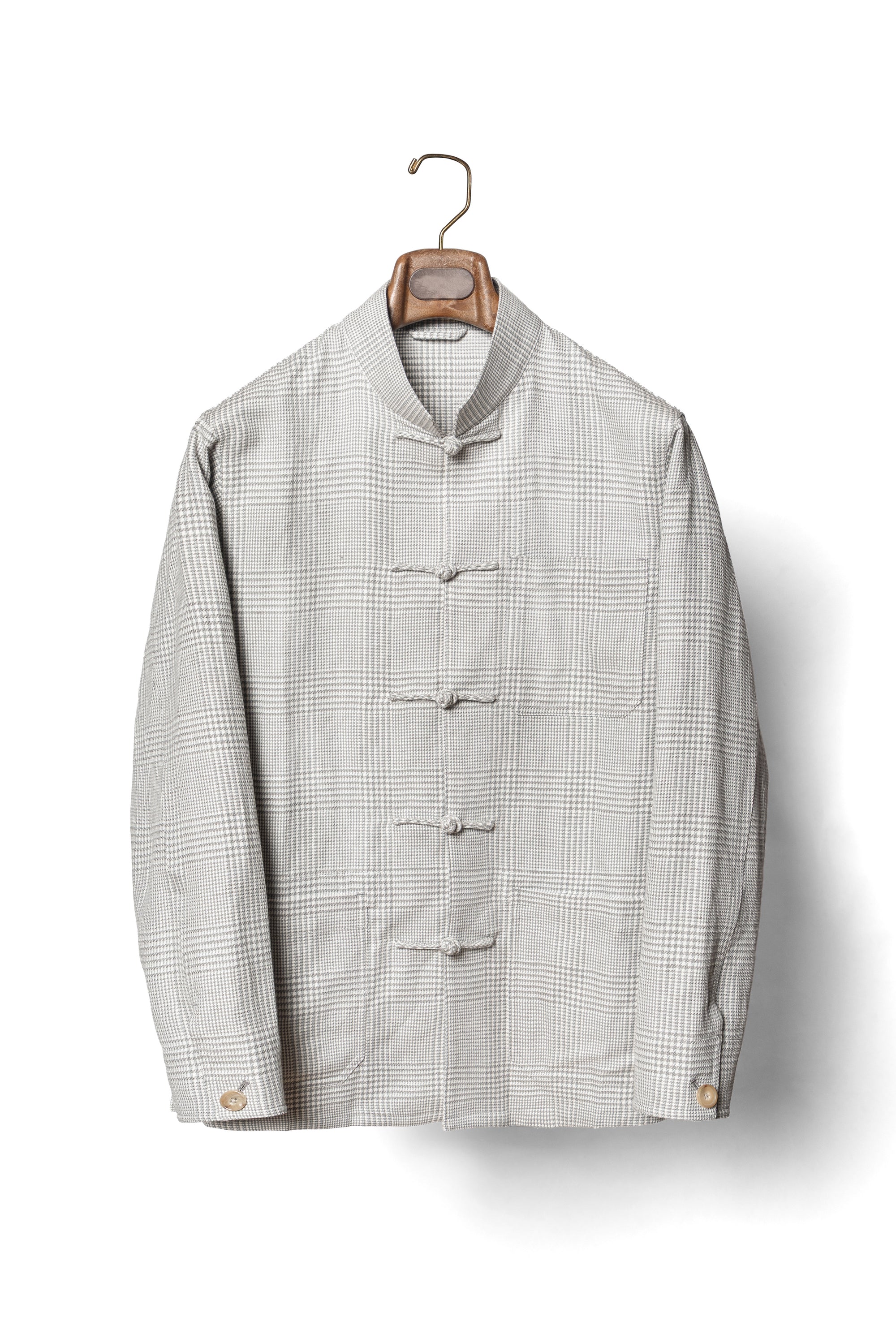 Grey Glen Check Silk Linen Cotton Mandarin Jacket